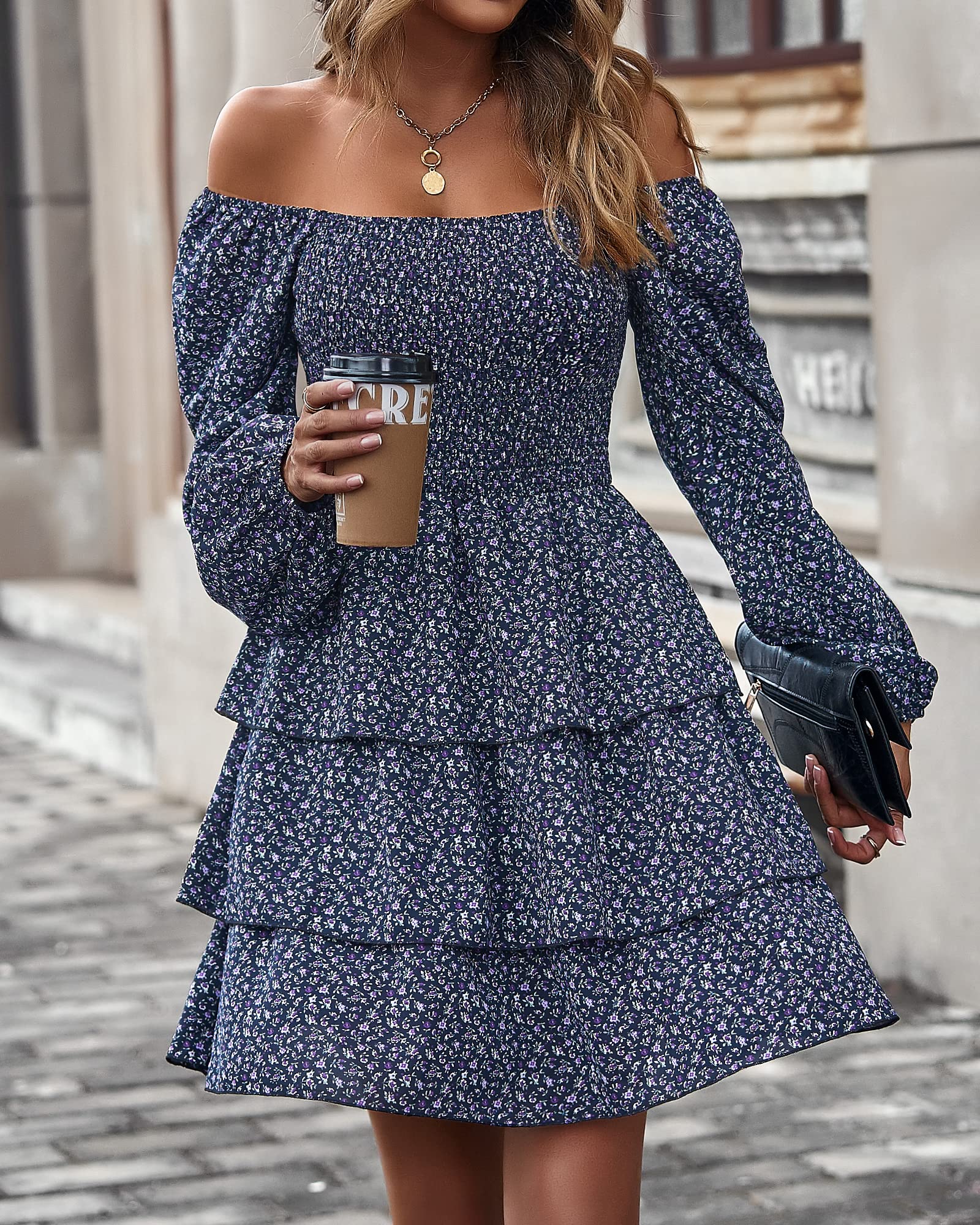 BTFBM Women's Floral Swiss Dot Square Neck Smocked Mini Dress - Long Sleeve Boho Wedding Guest Dress for Spring & Summer 2025 | Perfect for Garden Parties, Bridal Showers & Date Nights