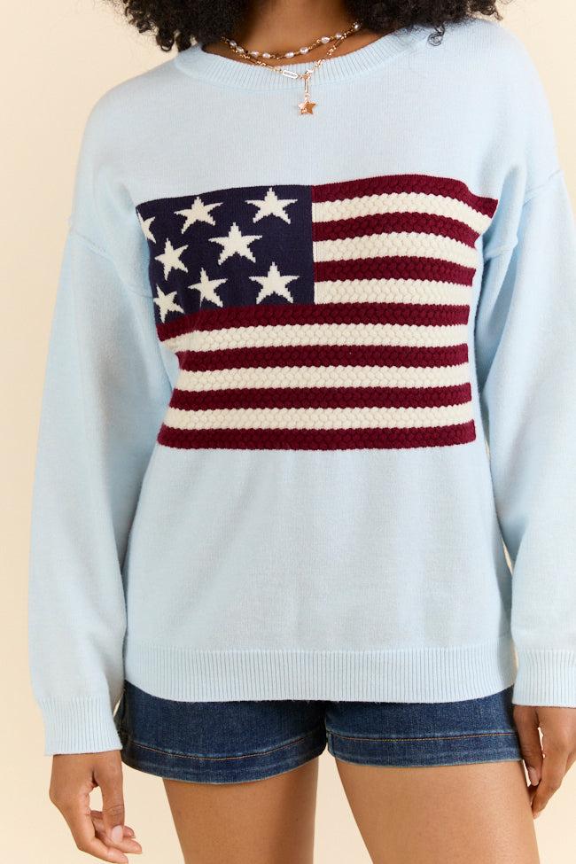 Patriotic Light Blue Textured Flag Sweater - Cozy Knit Pullover for Men & Women - Perfect for 4th of July, Veterans Day & Casual Outings