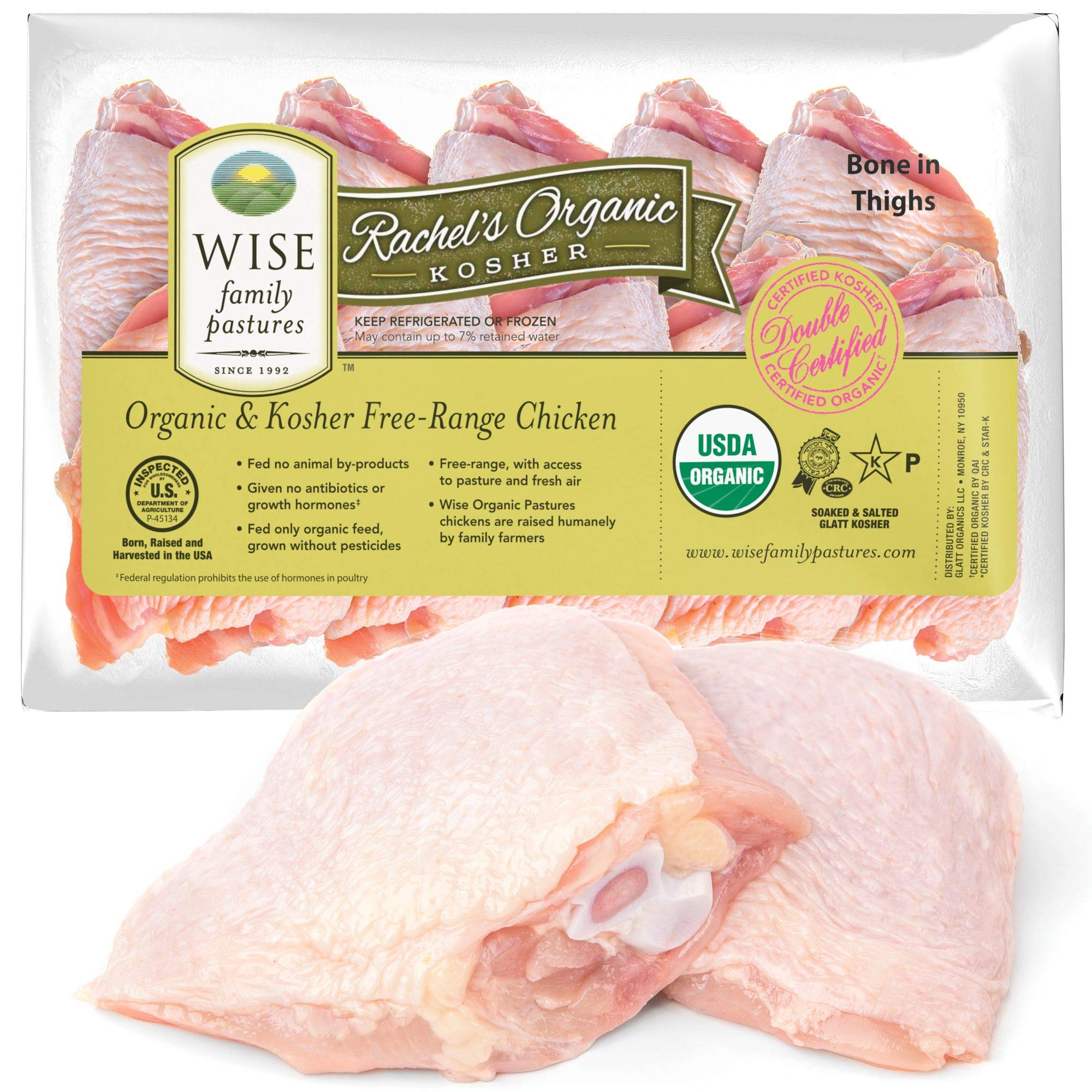 Certified Organic Free Range Chicken Thighs with Bone and Skin - Glatt Kosher, Non-GMO, 8.75-9.25 lbs (Approx. 20 Pieces) - Perfect for Grilling, Roasting, and Family Dinners