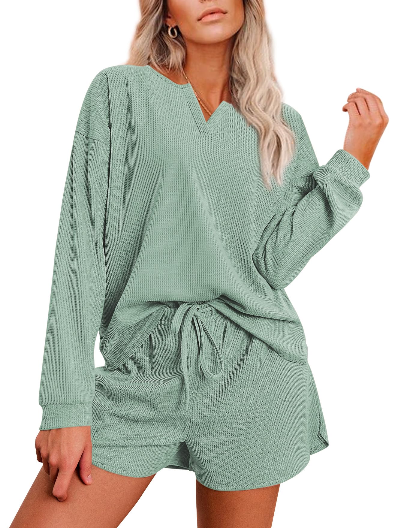 Ekouaer Women's Waffle Knit Pajama Set - Long Sleeve Top & Shorts Lounge Wear (S-XXL) | Soft Sleepwear for Nighttime & Cozy Loungewear for Relaxing at Home