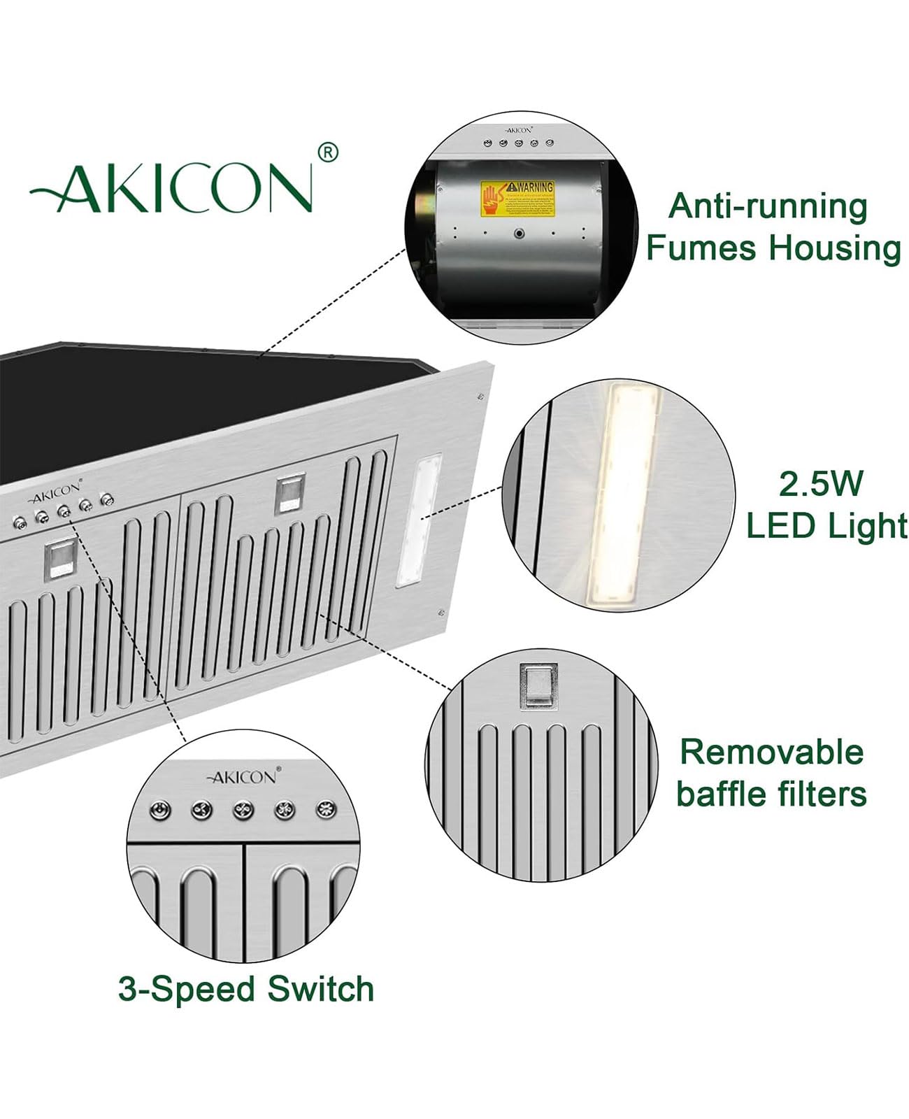 Akicon 30 Inch Stainless Steel Range Hood Insert - Ultra Quiet 600 CFM Ducted Kitchen Vent Hood with Powerful Suction, 3-Speed Settings, LED Lights & Dishwasher Safe Filters - Perfect for Built-In Kitchen Ventilation & Smoke Removal