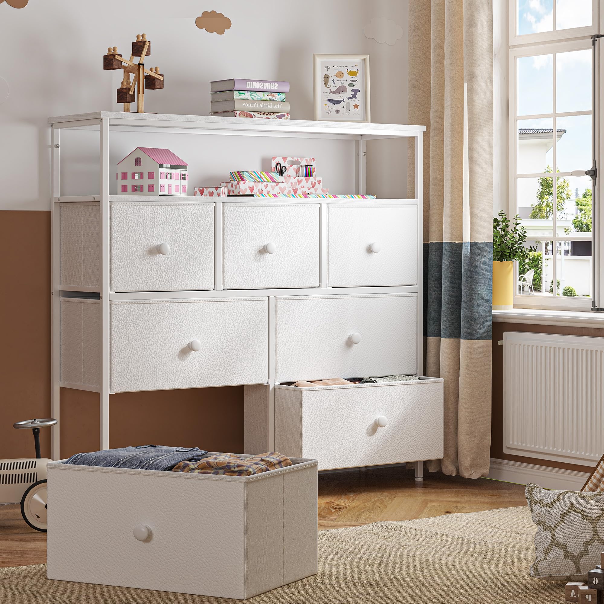 7-Drawer White Dresser with 2 Shelves & Wooden Top - Tall Bedroom Storage Cabinet, TV Stand & Closet Organizer - Sturdy Metal Frame Chest of Drawers for Home, Office, or Dorm Room Organization