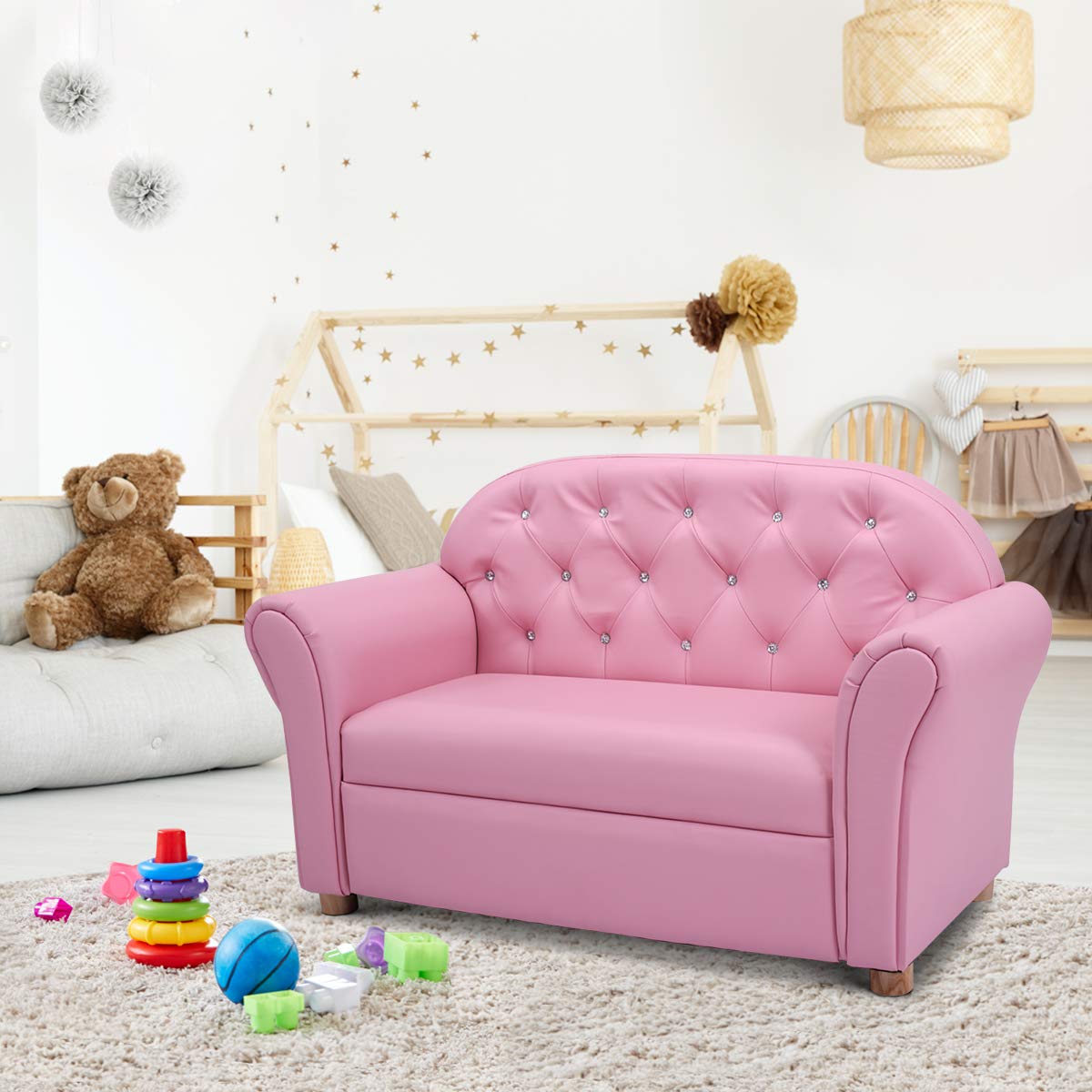 Costzon 2-in-1 Kids Couch with PU Leather Surface - Princess Style Toddler Armchair & Loveseat for Girls | Perfect for Bedroom, Playroom & Birthday Gifts | Durable Children's Sofa for Reading, TV Time & Play