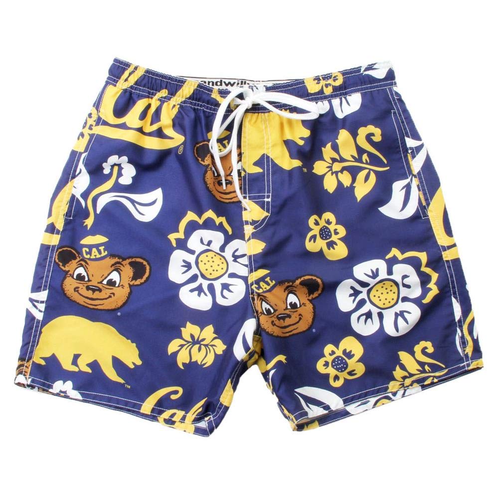 Wes and Willy Men's California Berkeley Golden Bears Floral Swim Trunks - Quick-Dry Swim Shorts for Beach, Pool & Summer Vacations