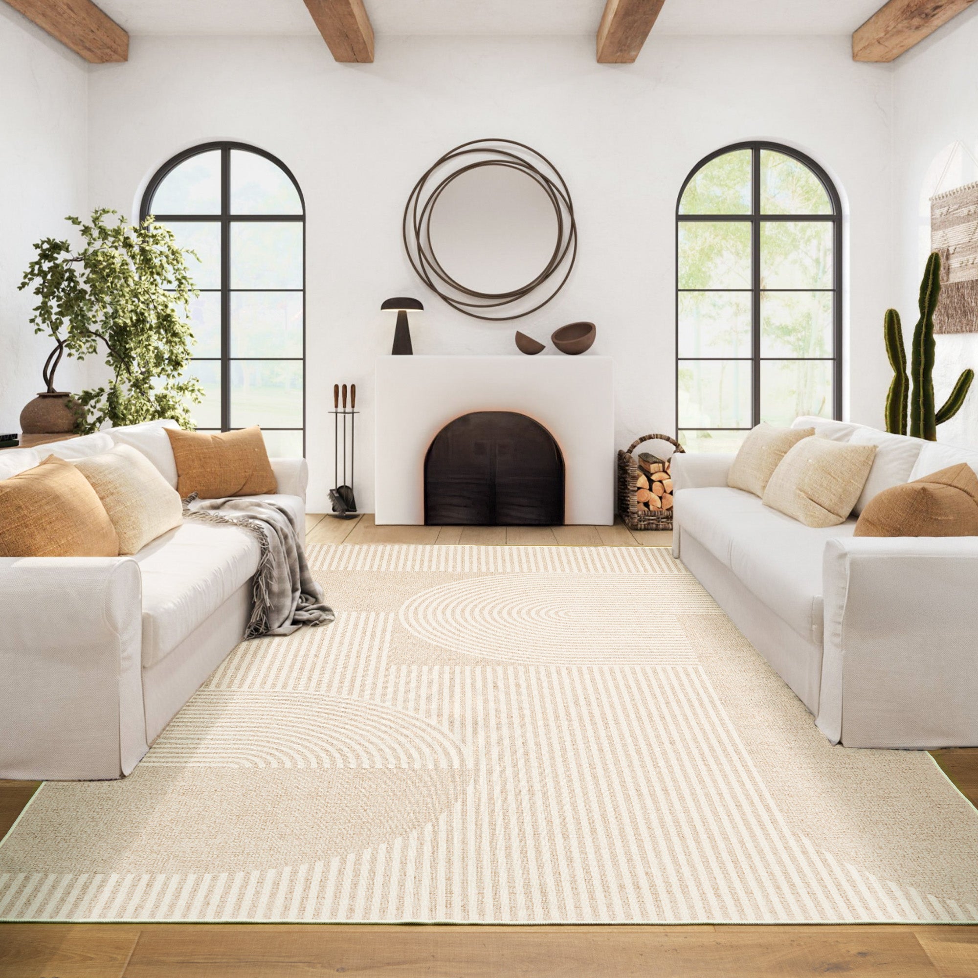 Easy Clean Washable Area Rug - Subtle Beige Neutral Stripes with Circle Design | Durable, Pet Friendly & Spillproof | Non-Slip Backing for Living Room, Bedroom & Office | Perfect for High Traffic Areas & Pet Owners