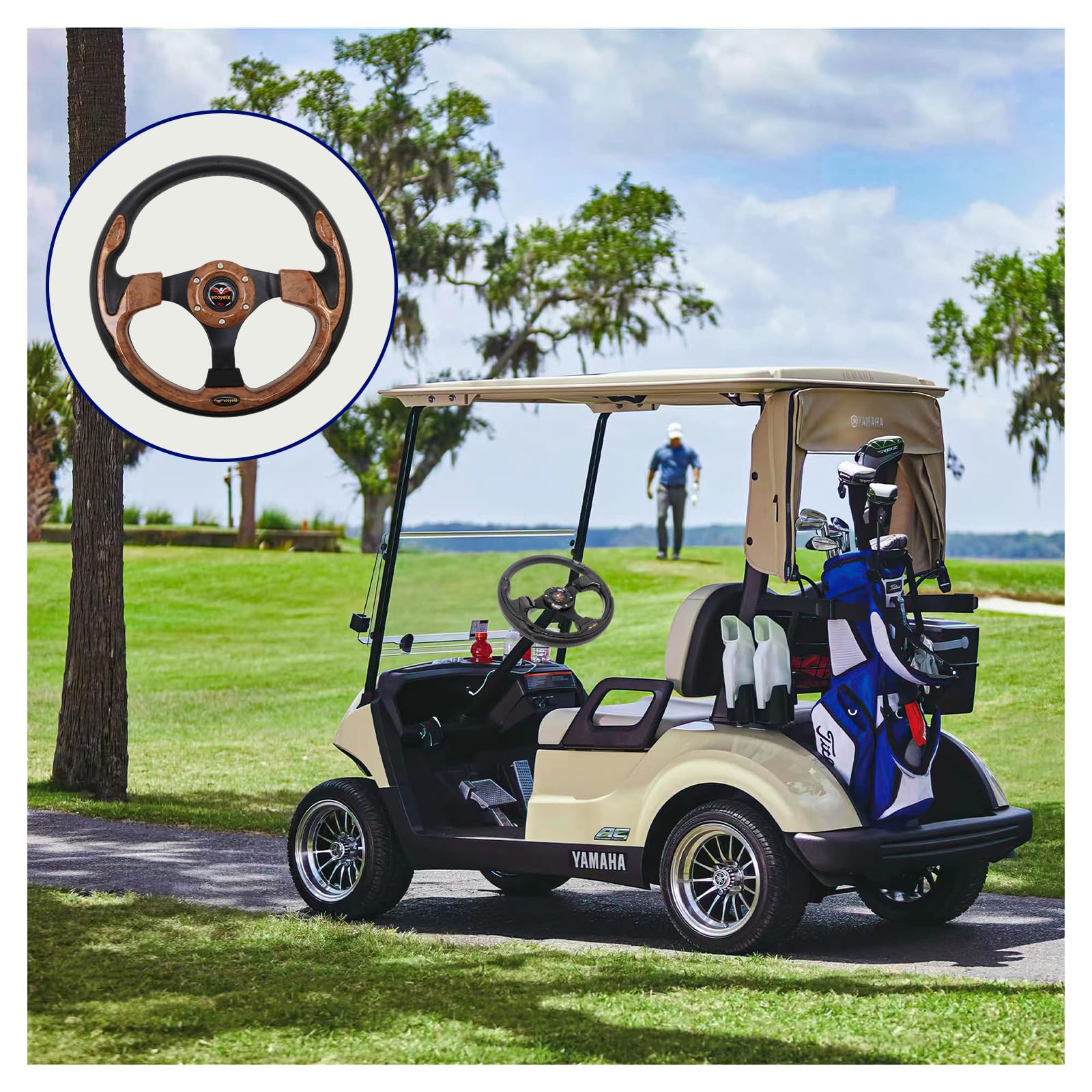 12.5 Inch Golf Cart Steering Wheel - Universal Fit for Yamaha, Club Car DS Precedent Tempo, EZGO TXT RXV - Wood Grain Racing Style - Perfect for Golf Cart Upgrades & Customization