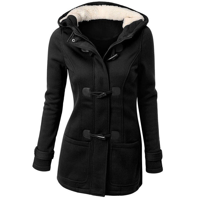Women's Warm Winter Fur Collar Jacket with Horn Buttons - Long Down Coat Parka Plus Size Hooded Jacket for Cold Weather & Outdoor Activities