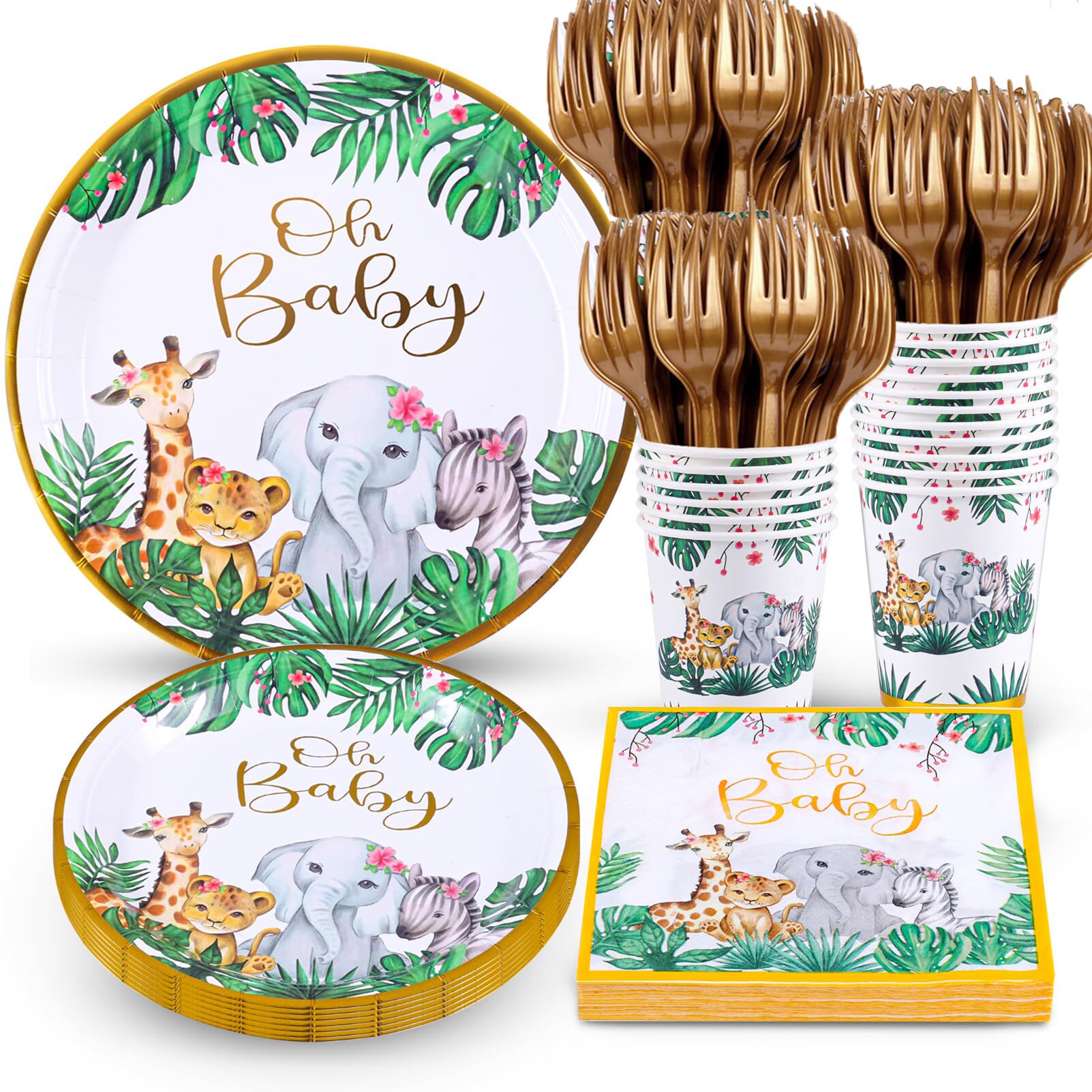 Atonofun Safari Party Supplies Set - 24-Piece Jungle Baby Shower Plates, Cups, Napkins & Cutlery for Safari Birthday Decorations & Jungle Themed Parties - Perfect for Baby Showers, Birthday Celebrations & Wild Animal Theme Events