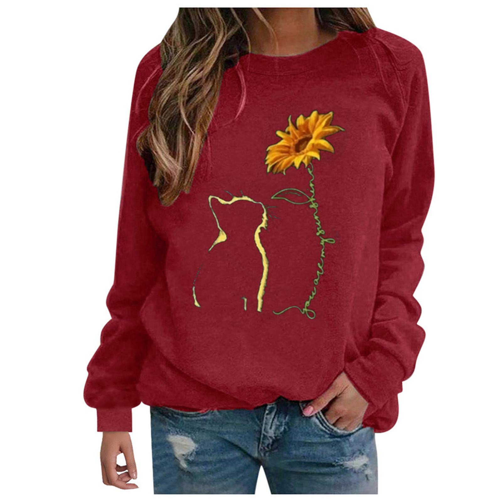 ONHUON Women's Long Sleeve Crewneck Sweater - Casual Loose Fit Graphic Pullover Tops for Everyday Wear, Work & Weekend Outfits