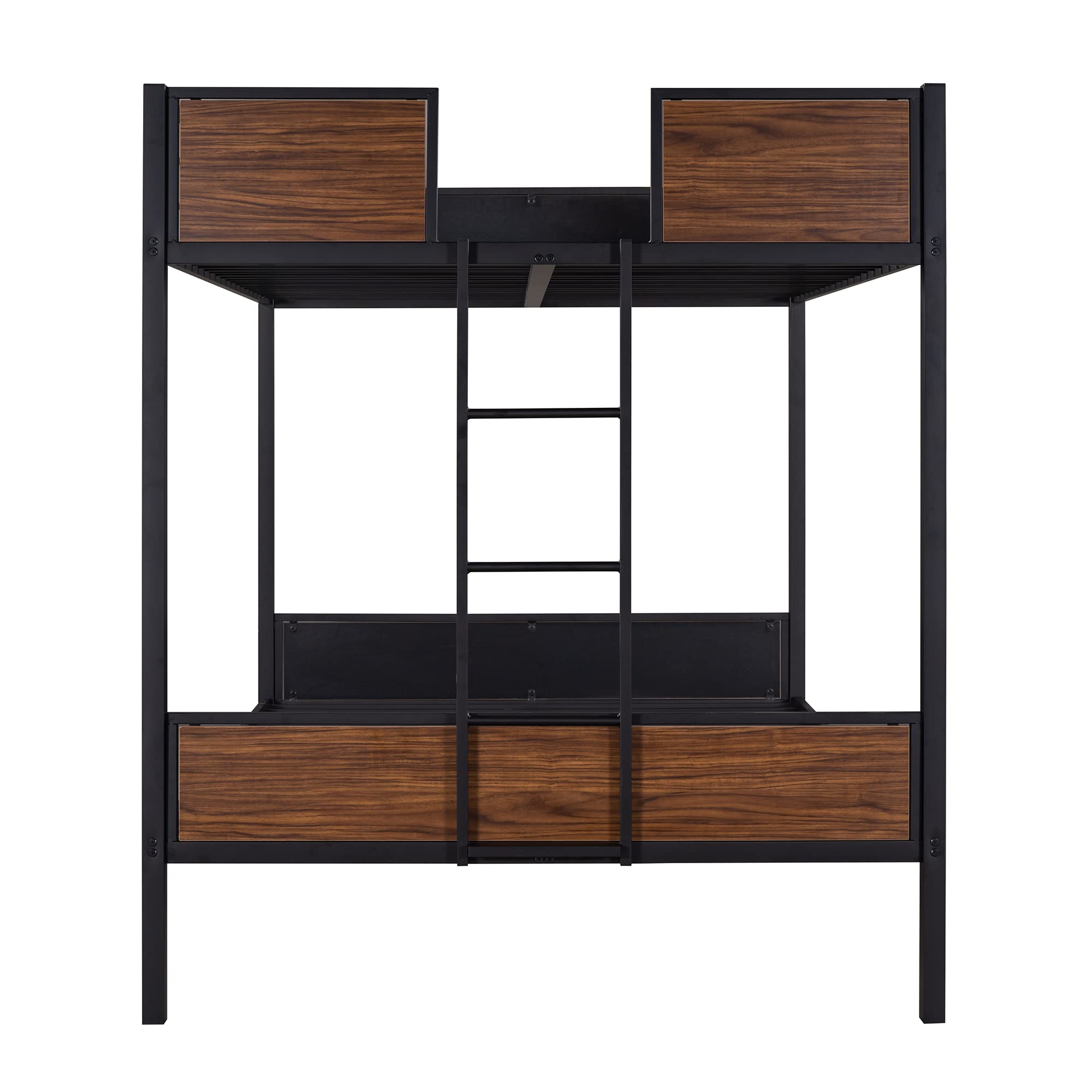 Full Over Full Metal Bunk Bed - Heavy Duty Steel Frame with Safety Rail & Built-in Ladder - Modern Black & Brown Bunk Bed for Kids, Teens, Dorm Rooms & Space-Saving Bedroom Solutions