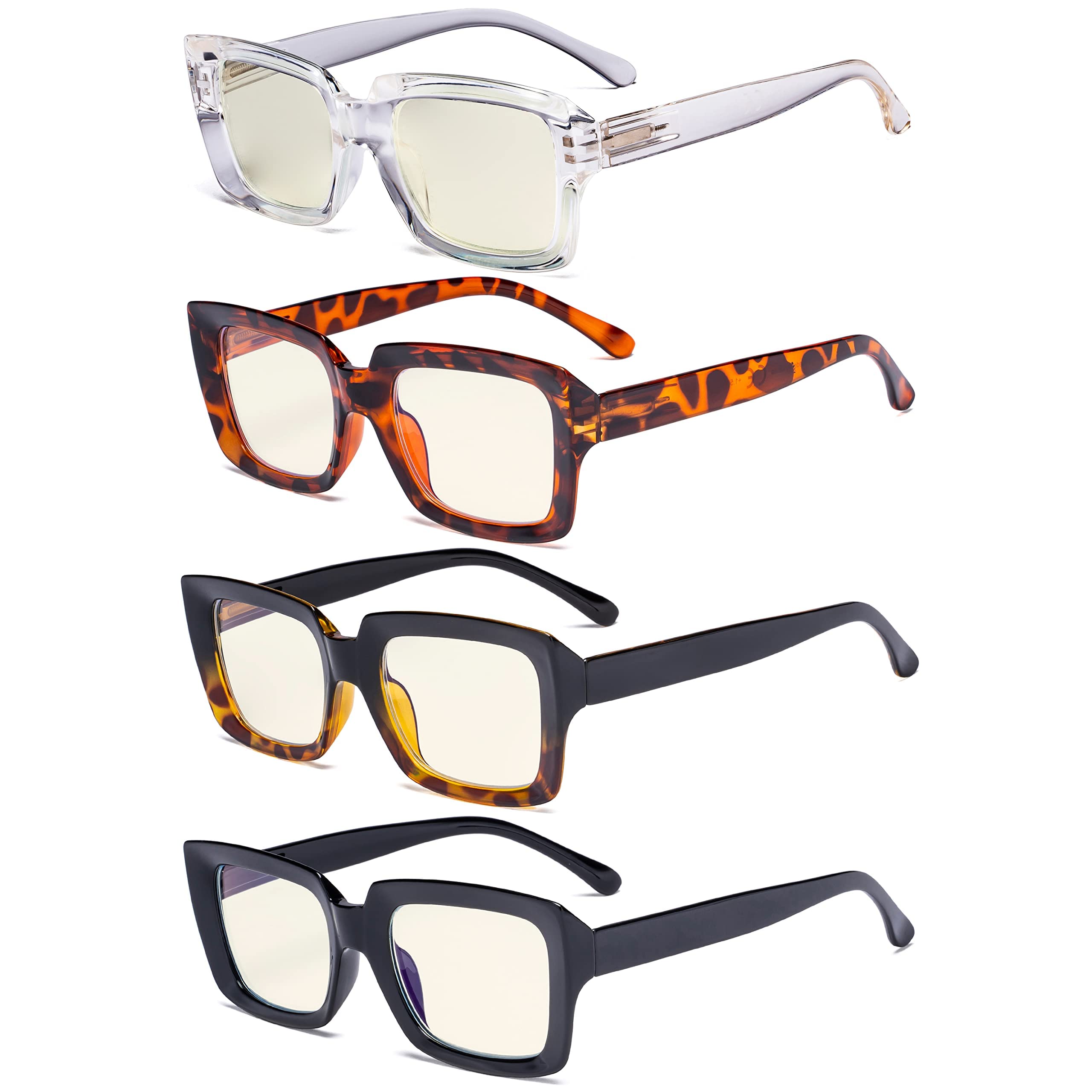 Eyekepper 4 Pack Blue Light Blocking Reading Glasses for Women & Men, Anti-Glare Computer Glasses +0.50 Magnification, Oversized Square Frame for Office Work, Gaming & Screen Time Protection