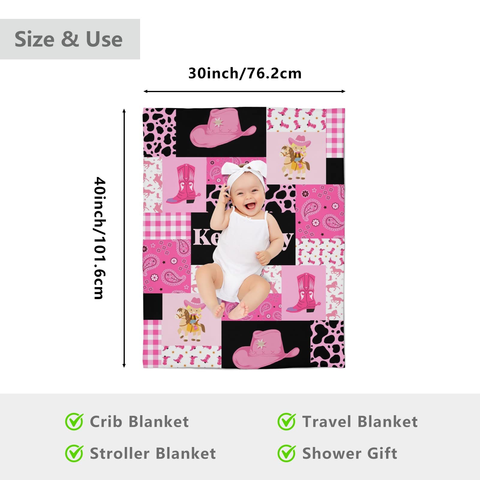 Personalized Baby Blankets for Boys & Girls - Custom Name Cowgirl Pink Quilt, 30x40 Inch Newborn Receiving Blanket - Perfect for Nursery, Baby Showers & Gift Giving