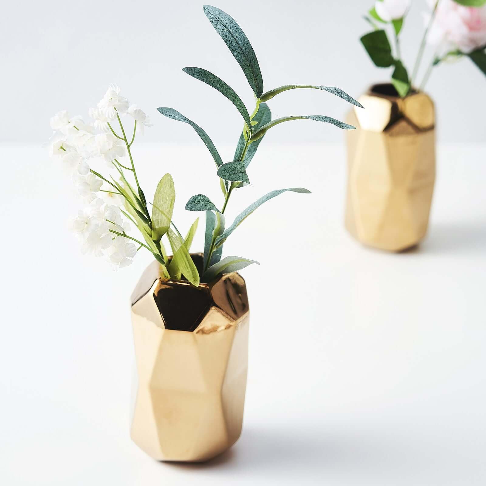 Efavormart 2 Pack 6 Inch Gold Geometric Ceramic Vases - Modern Cylinder Table Vases for Dining Table Centerpiece, Coffee Table Decor, Kitchen Counter, Office Desk, Wedding & Party Decorations - Elegant Home & Event Decoration