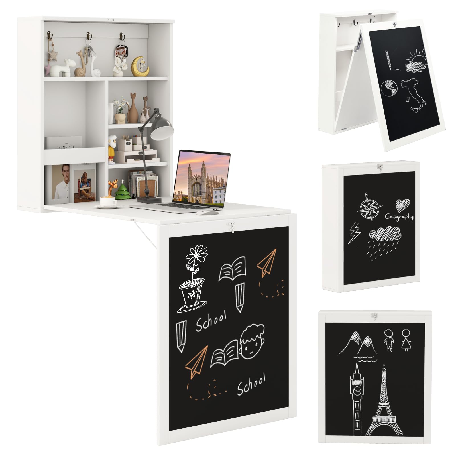 Tangkula Foldable Wall-Mounted Desk with Chalkboard - Space Saving Floating Desk with Storage Shelves & Hooks - Perfect Murphy Table for Home Office, Bedroom, Dorm Room & Small Spaces - Ideal for Remote Work, Studying & Compact Living Areas
