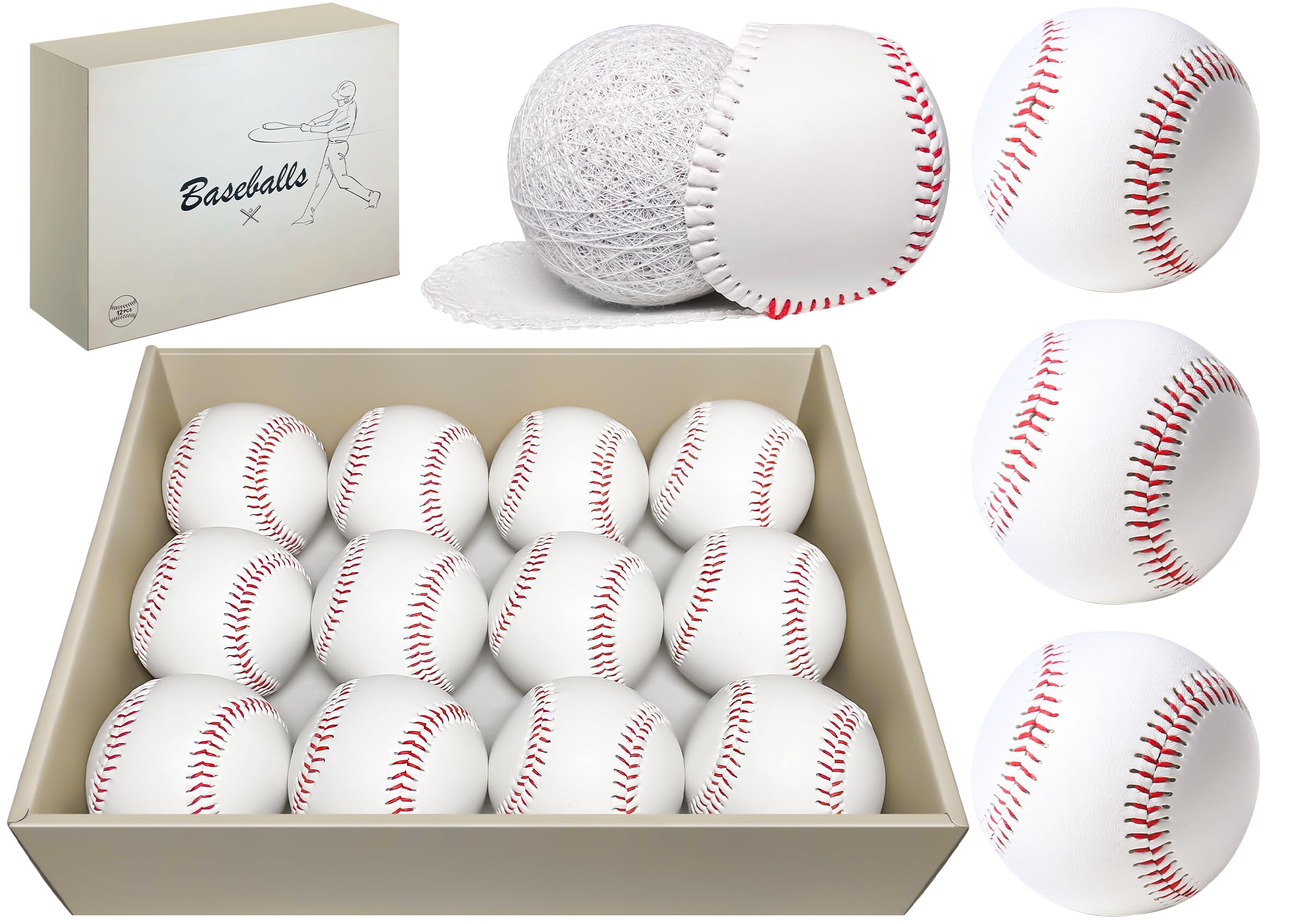 12/24 Pack Official Size Leather Baseballs for Adults - Unmarked Training Balls for Pitching, Hitting & Fielding Practice - Perfect for Youth Baseball Teams & Backyard Drills