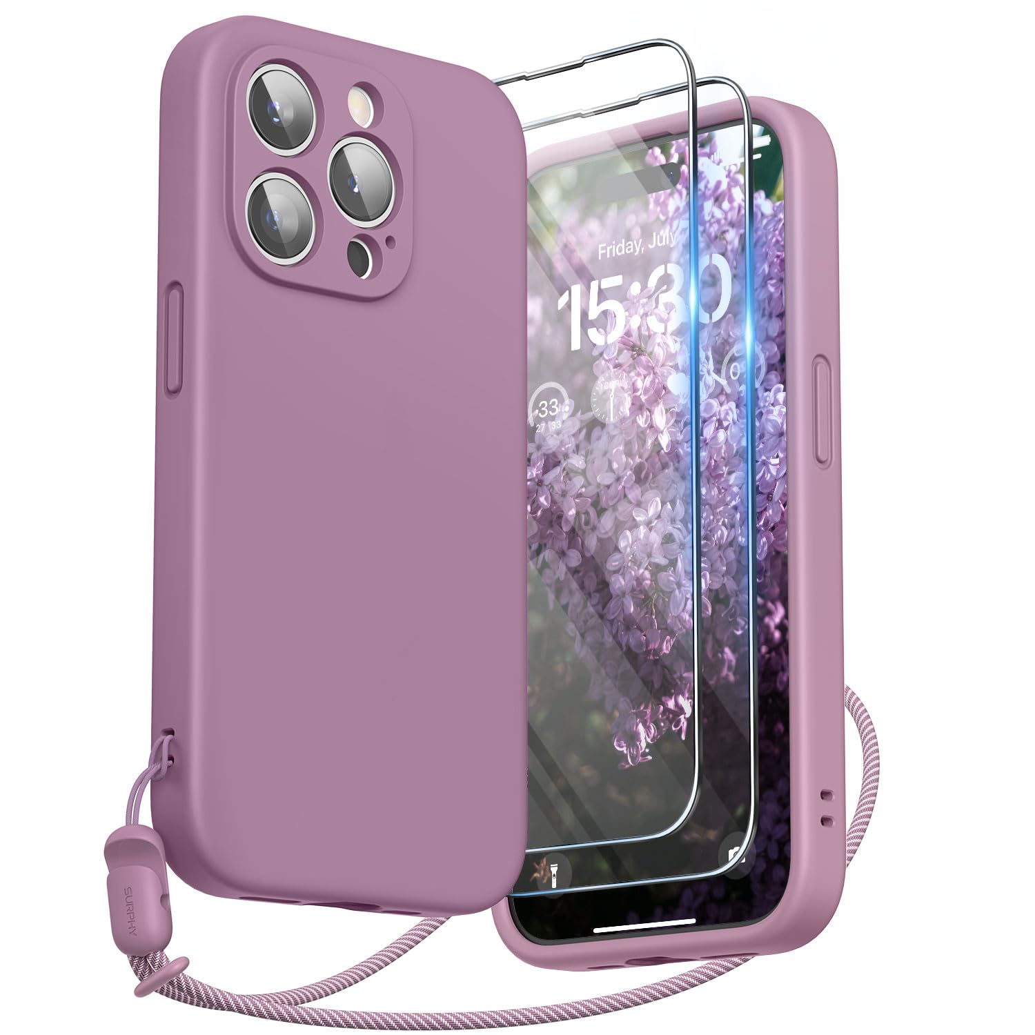 SURPHY iPhone 15 Pro Case 6.1 inch (2023) - Premium Liquid Silicone Protective Cover with Built-in Screen Protector, Camera Protection & Soft Microfiber Lining - Includes Lanyard & Phone Strap (Lilac Purple) - Perfect for Everyday Use, Travel & Outdoor Activities