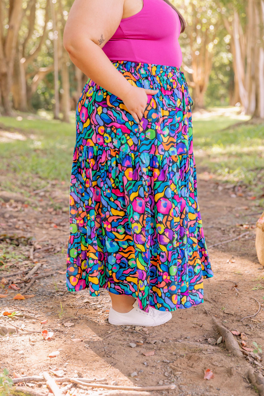 Kasey Rainbow African Print Carrie Skirt - Stylish Floral Midi Skirt for Women, Perfect for Summer Outfits, Beach Vacations & Boho Fashion