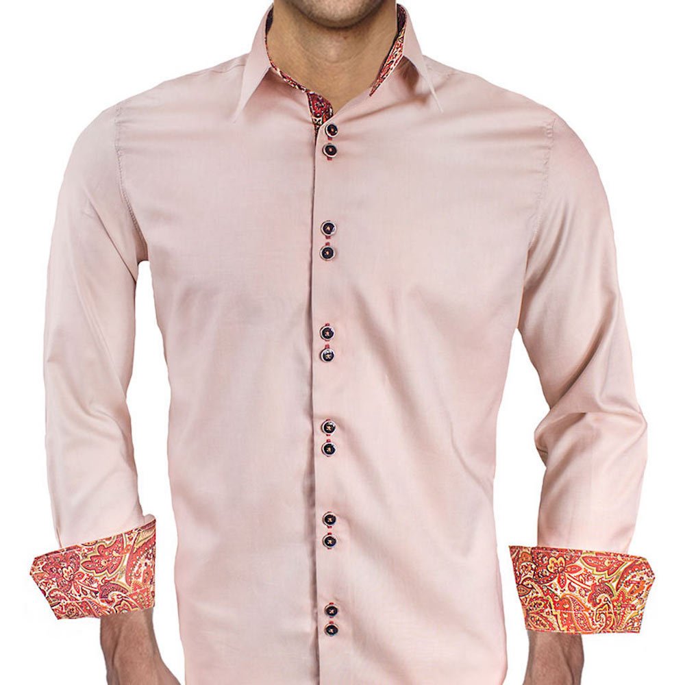 Premium Tan & Maroon Paisley Pattern Dress Shirt for Men - 100% Cotton Formal Business Attire - Handcrafted in USA - Perfect for Office, Weddings & Special Occasions