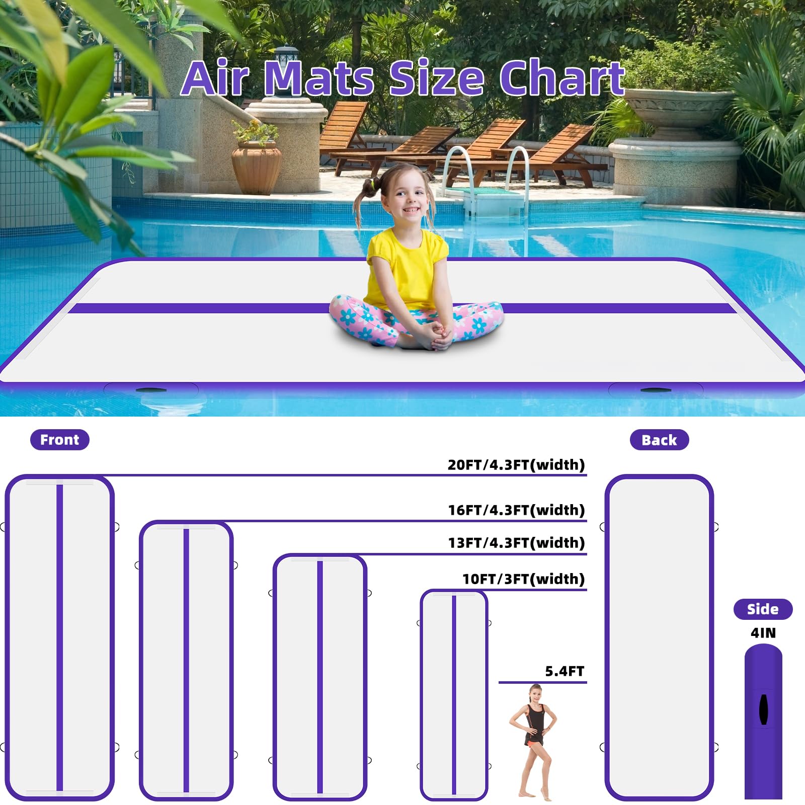10ft 13ft 16ft 20ft Inflatable Air Gymnastics Mat - Thick 4 Inch Tumbling Track with Electric Pump for Home Gym, Yoga, Training & Outdoor Water Play - Perfect for Kids, Adults & Fitness Enthusiasts