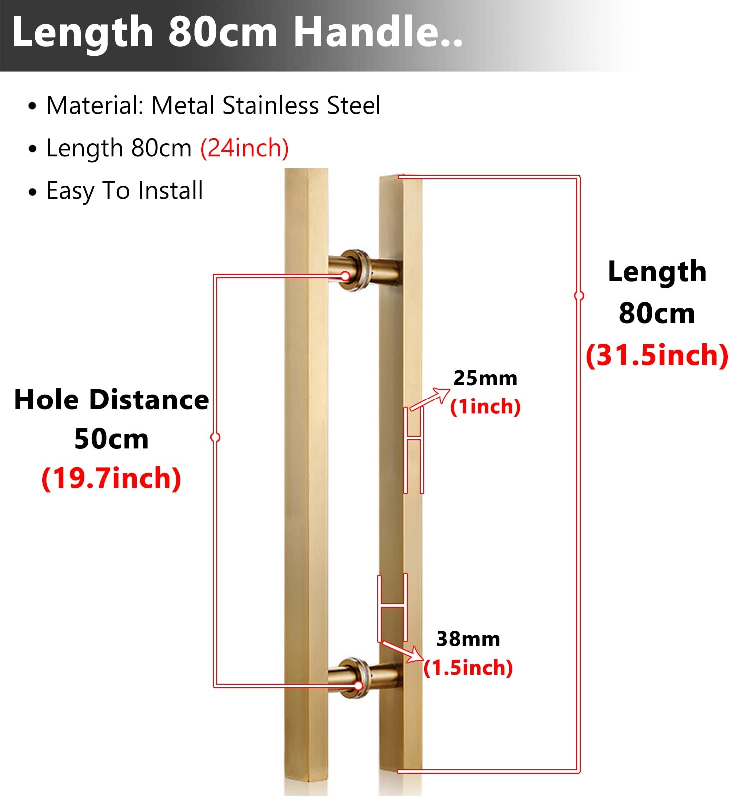 Modern H-Shaped Front Entry Door Handle - Double Sided Gold Stainless Steel Pull Bar for Indoor Barn Doors, Sliding Glass Gates (80cm/31.5