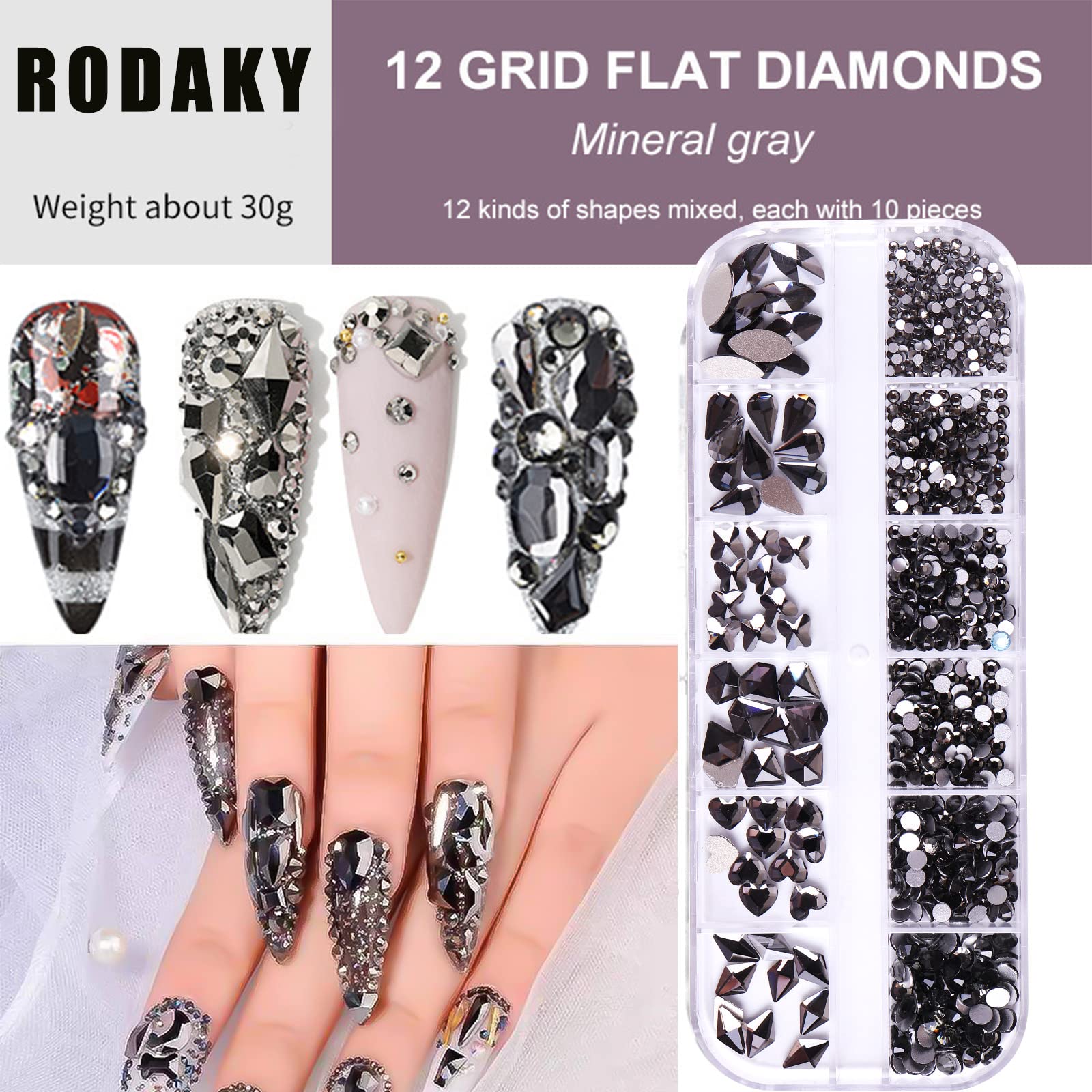 RODAKY 810Pcs 3D Rhinestones for Nails - Flatback Crystal Gems in 6 Shapes for Nail Art, DIY Crafts, Makeup & Jewelry (Black) | Perfect for Salon Nail Designs, Home Manicures & Creative DIY Projects