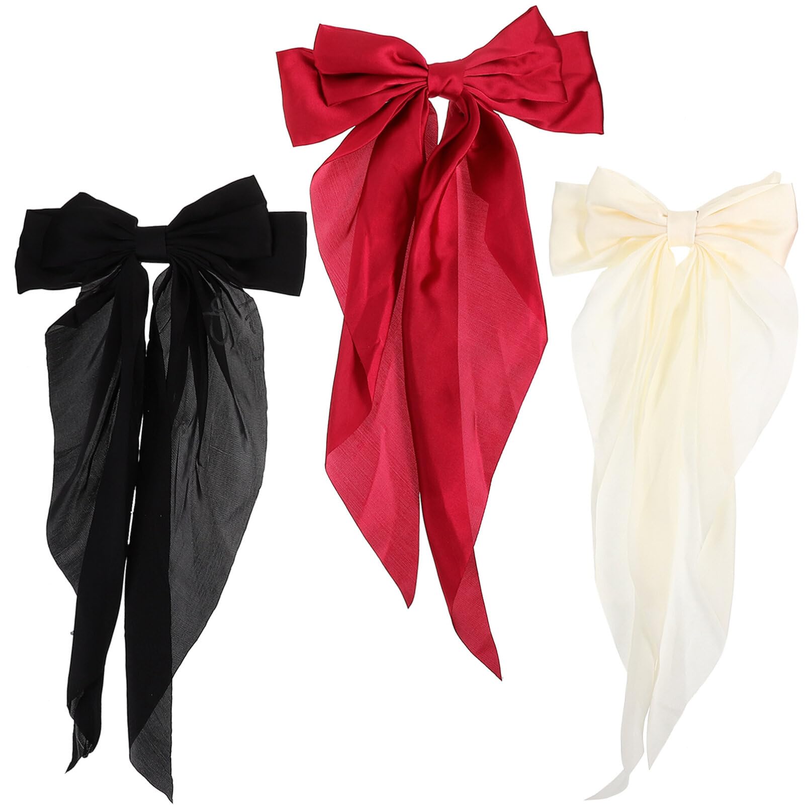EXCLUZO 3-Piece Large Bow Hair Clips for Women - Elegant Metal Barrettes with Ribbon Tails for Ponytails, Braids & Updos - Perfect for Weddings, Parties & Everyday Styling
