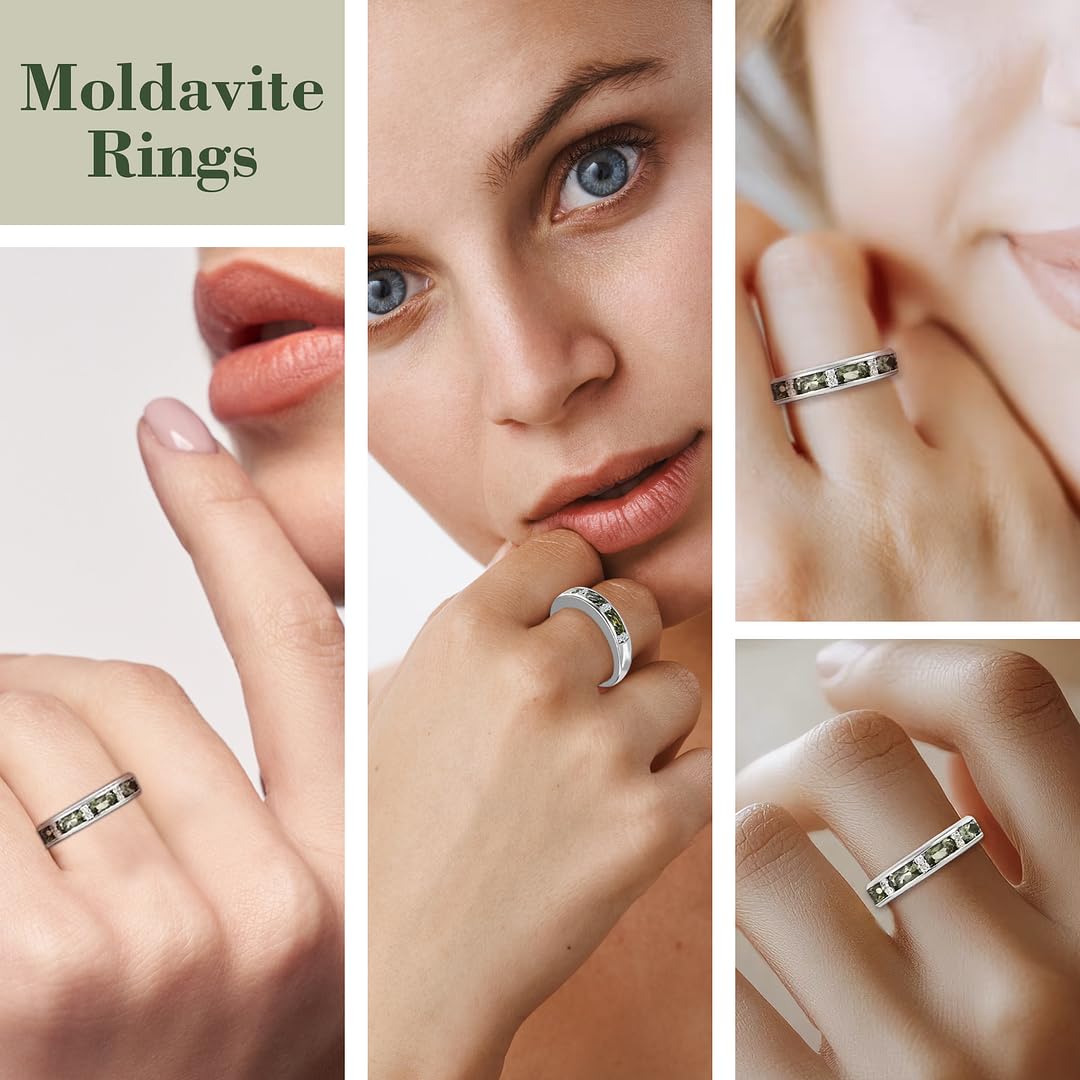 925 Sterling Silver Moldavite & White Zircon Half Eternity Ring for Women - Platinum Plated Wedding Band, Promise Jewelry, Birthday Gift for Her - Perfect for Engagement, Anniversary & Special Occasions
