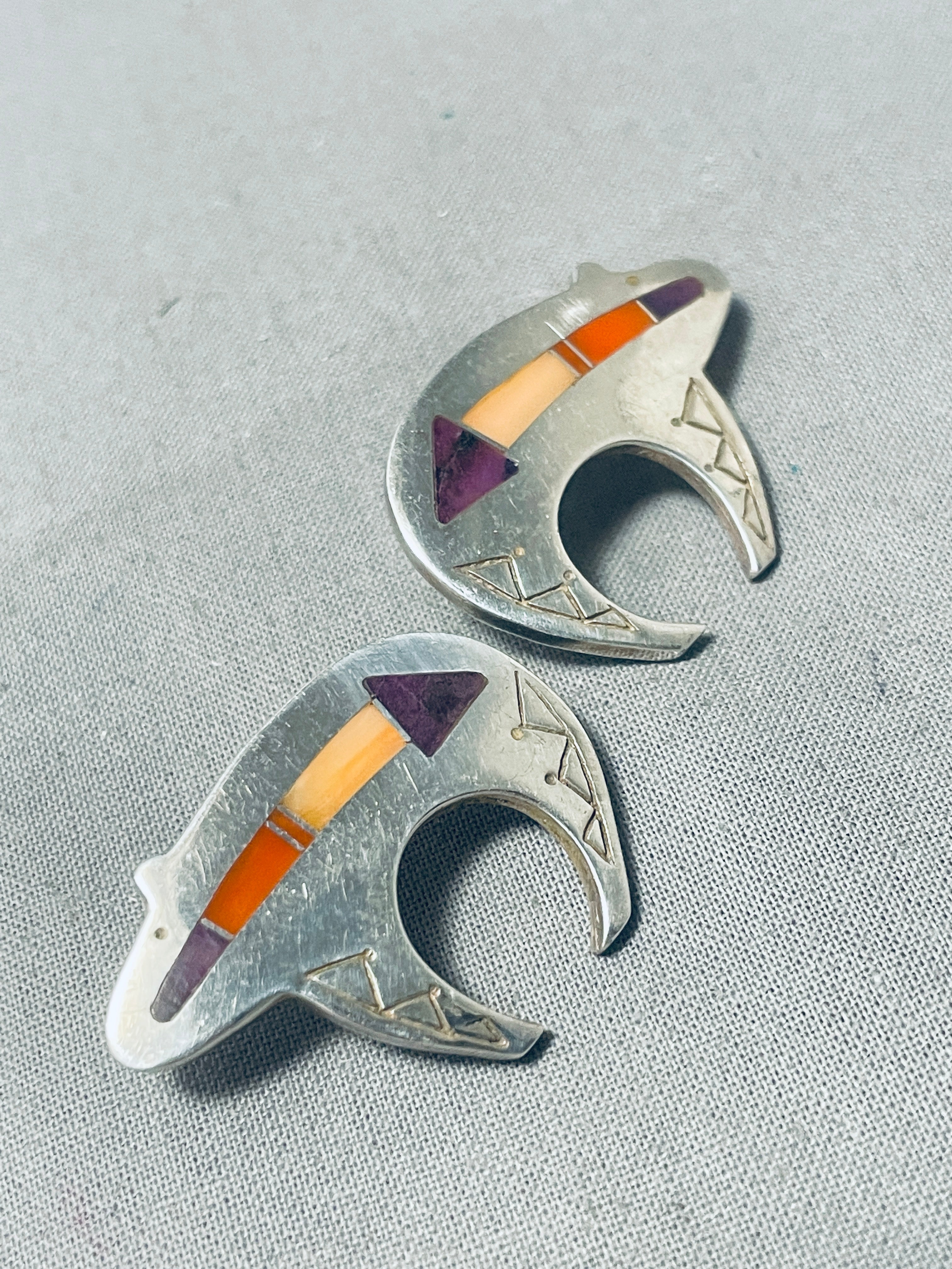 Authentic Vintage Navajo Signed Inlay Sugilite Sterling Silver Bear Earrings - Handcrafted Native American Jewelry for Women, Perfect for Boho, Festival & Everyday Wear