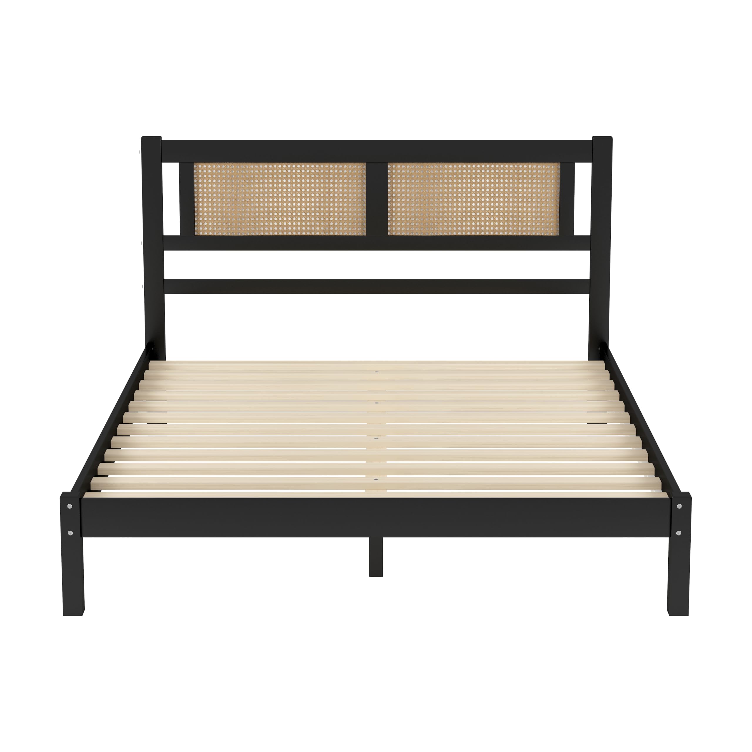 Merax 3-Piece Queen Size Bohemian Bedroom Set - Wooden Platform Bed Frame with Natural Headboard & 2 Rattan Nightstands with Storage Drawers, Black - Perfect for Modern Boho Bedroom Decor & Small Space Living