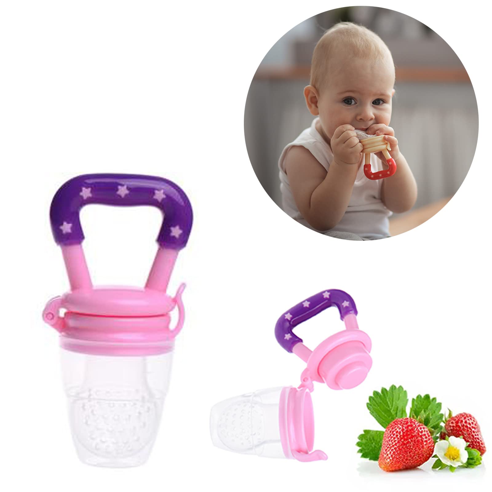 BPA-Free Baby Food Feeder with Spoon - Safe Silicone Fruit & Vegetable Feeder for Infants & Toddlers - Teething Pacifier & Training Spoon Set - Perfect for Fresh Fruits, Veggies & Snacks - Ideal for On-the-Go Feeding & Baby-Led Weaning