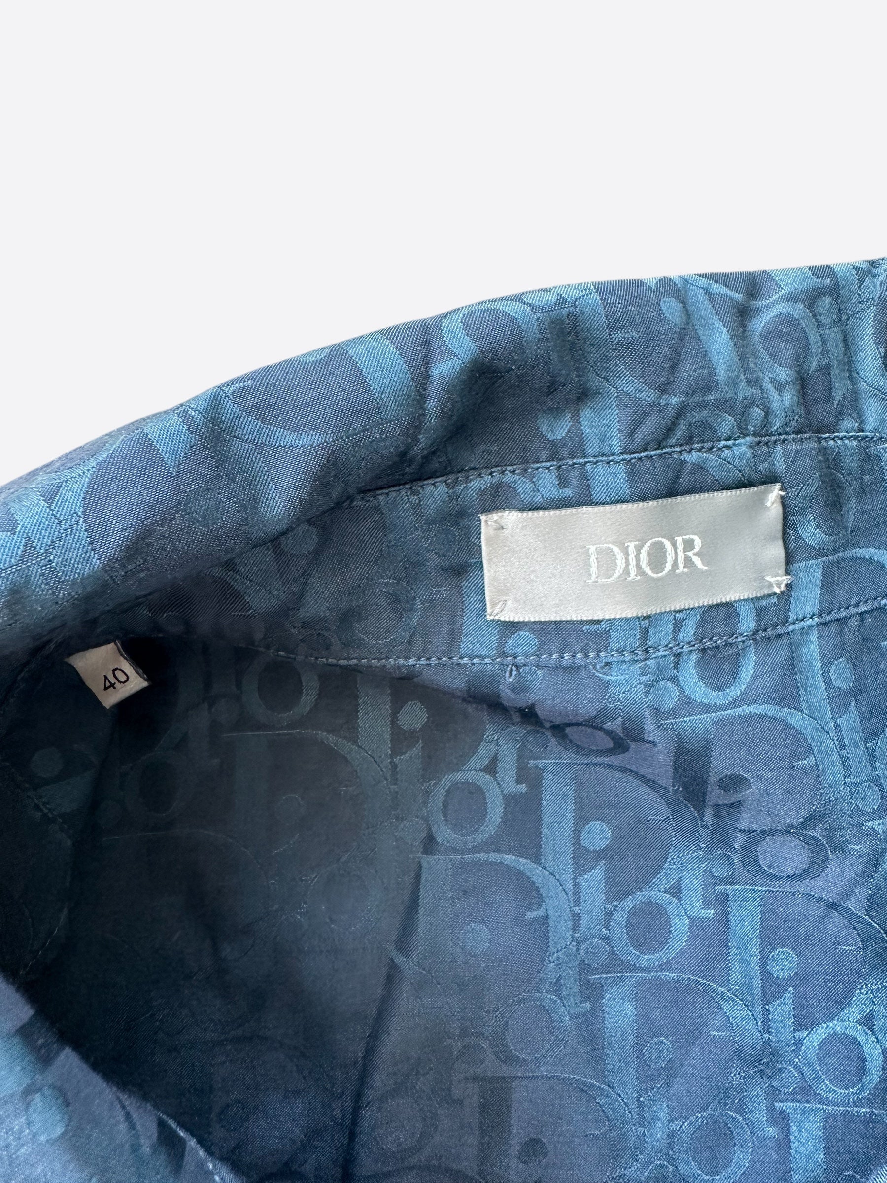 Dior Blue Oblique Silk Button Up Shirt for Men - Luxury Designer Dress Shirt for Business & Formal Occasions