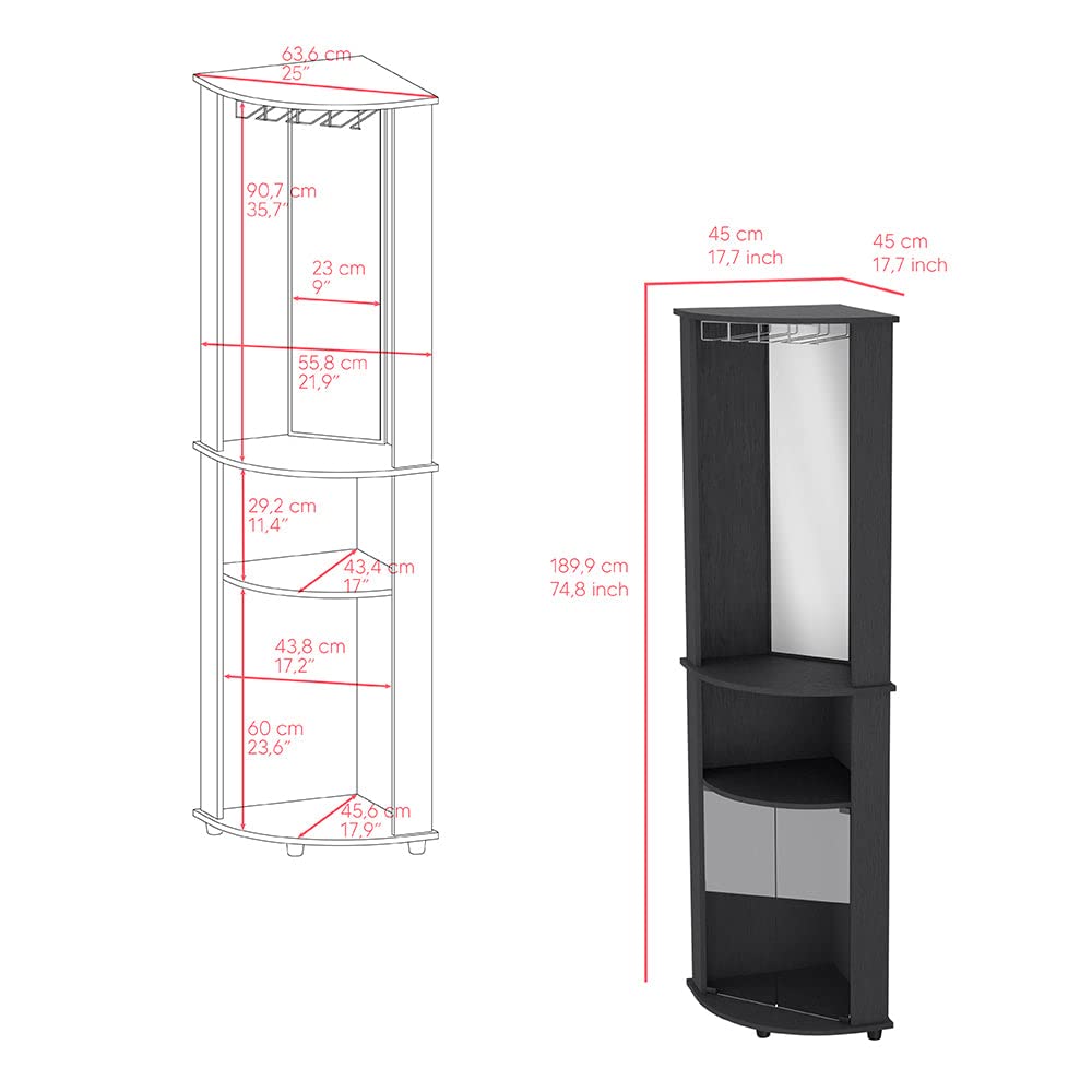 Bar Cabinet Corner Rialto - Modern Black Liquor Storage for Living Room, Dining Room & Home Bar | Space-Saving Corner Design for Wine & Glass Display