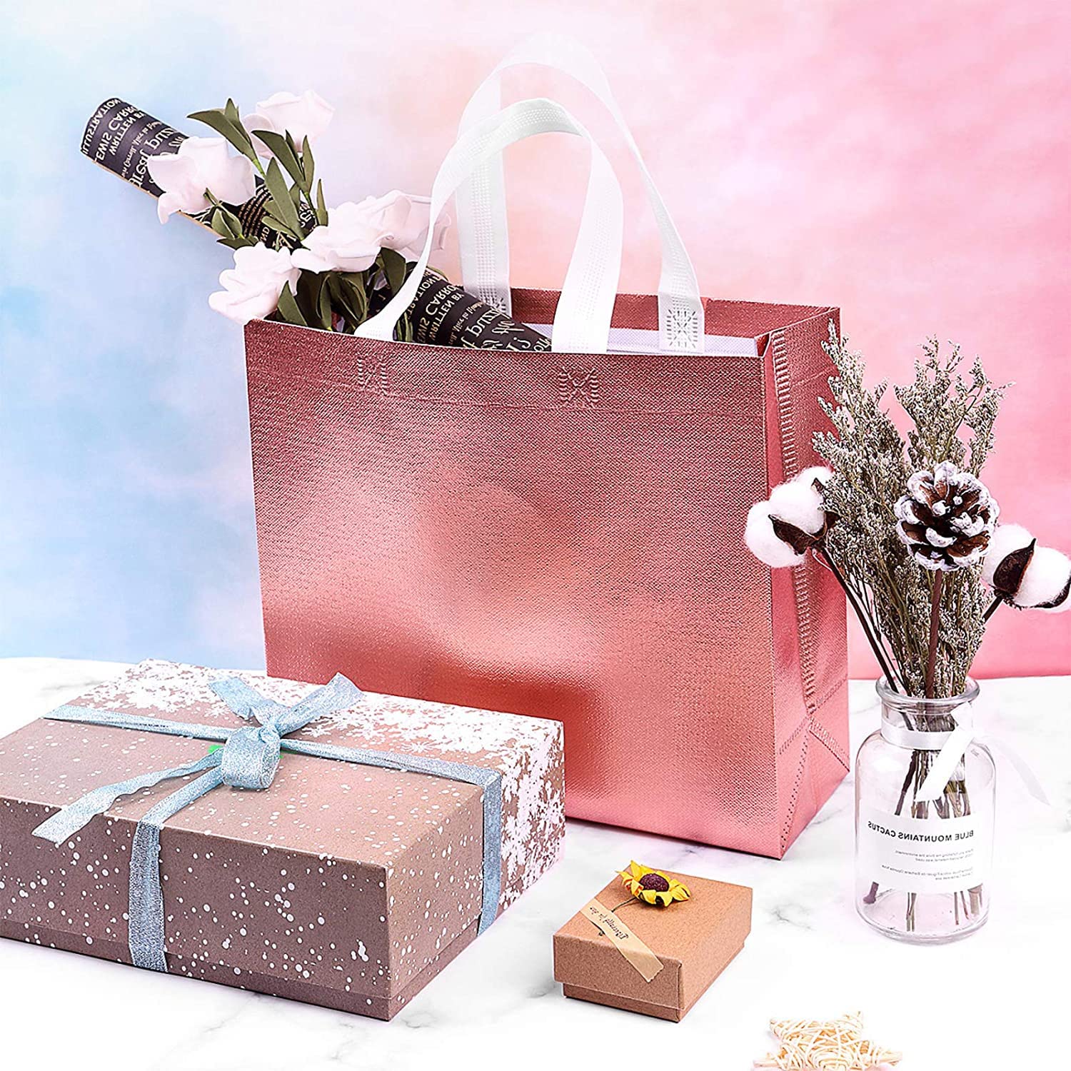 5-Pack Glossy Reusable Shopping Totes with Handles - Eco-Friendly Grocery Bags for Women, Bridesmaid Gifts, Bachelorette Parties, Weddings, Birthdays, Mother's Day & Christmas - Rose Gold Non-Woven Gift Bags for Everyday Use, Grocery Shopping & Special Occasions
