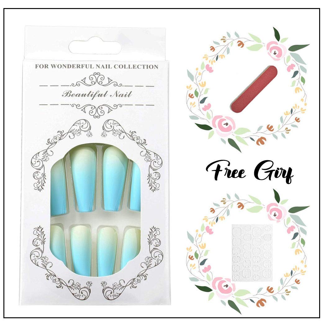 Extra Long Blue Ombre Press on Nails - Ballerina Matte Fake Nails with Full Cover Design (24pcs) | Halloween Acrylic Nail Tips for Women & Girls | Perfect for Parties, Cosplay and Special Occasions