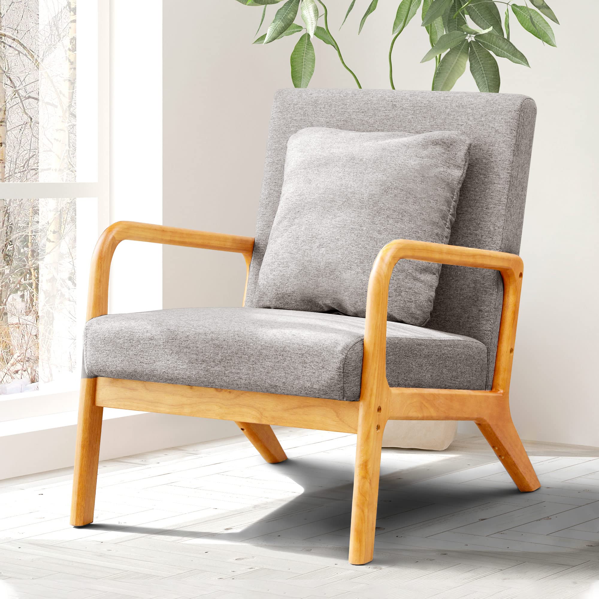 Mid-Century Modern Accent Chair - Solid Wood Frame Armchair with Soft Cushion & Pillow - Comfortable Deeper Seating for Living Room, Bedroom, Balcony & Reading Nook - Perfect Grey Lounge Chair for Relaxing, Reading & Coffee Time