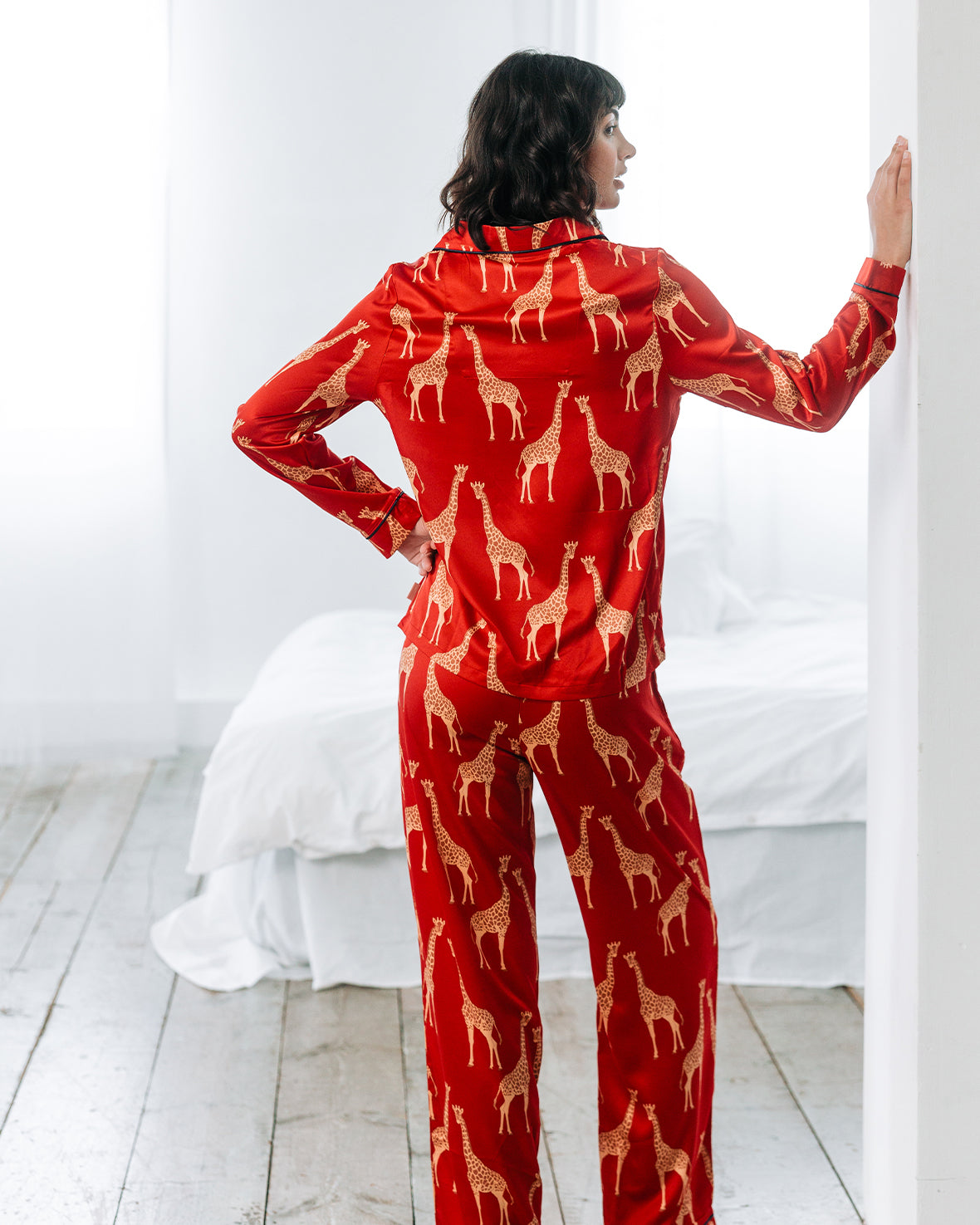 Elegant Red Satin Giraffe Print Long Pajama Set for Women - Soft & Comfortable Sleepwear for Lounge & Bedtime