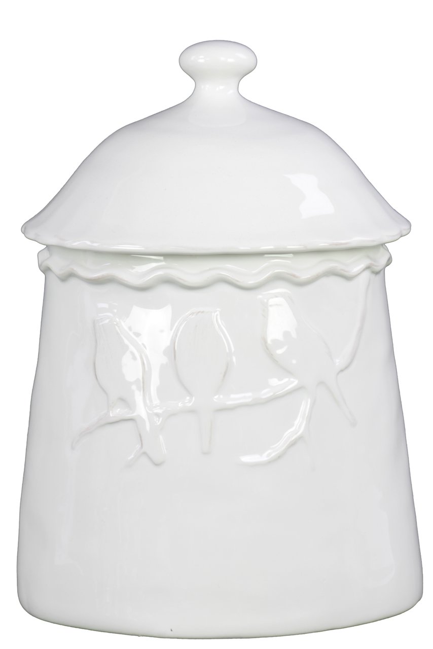 73175 White Ceramic Canister with 3D Bird Relief - Elegant Kitchen Storage for Sugar, Flour & Coffee - Perfect for Farmhouse & Modern Home Decor
