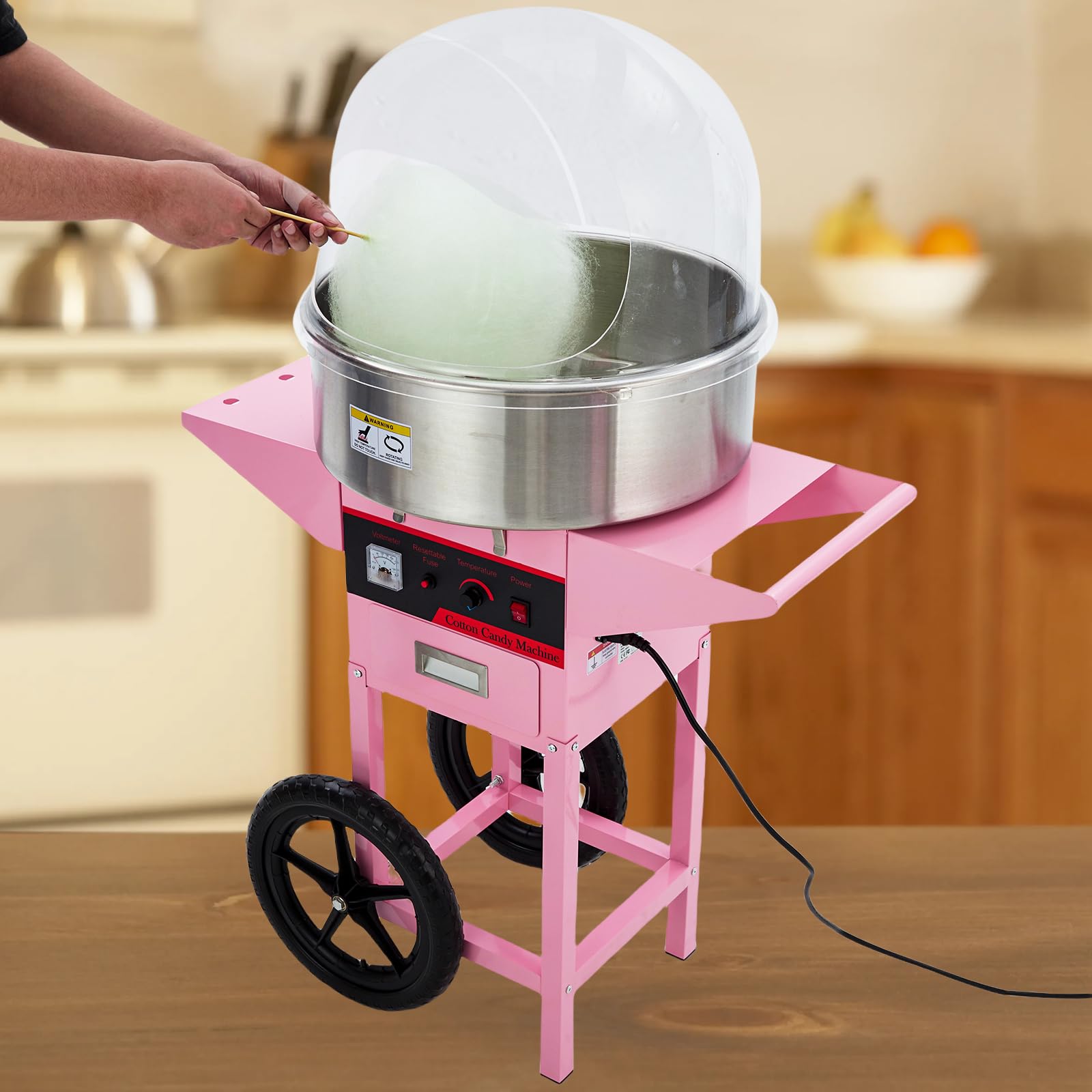 Pink Commercial Cotton Candy Machine with Cart - Stainless Steel Bowl, Sugar Scoop & Drawer for Parties, Carnivals, Fairs & Home Use - Family Fun Cotton Candy Maker (No Lid)