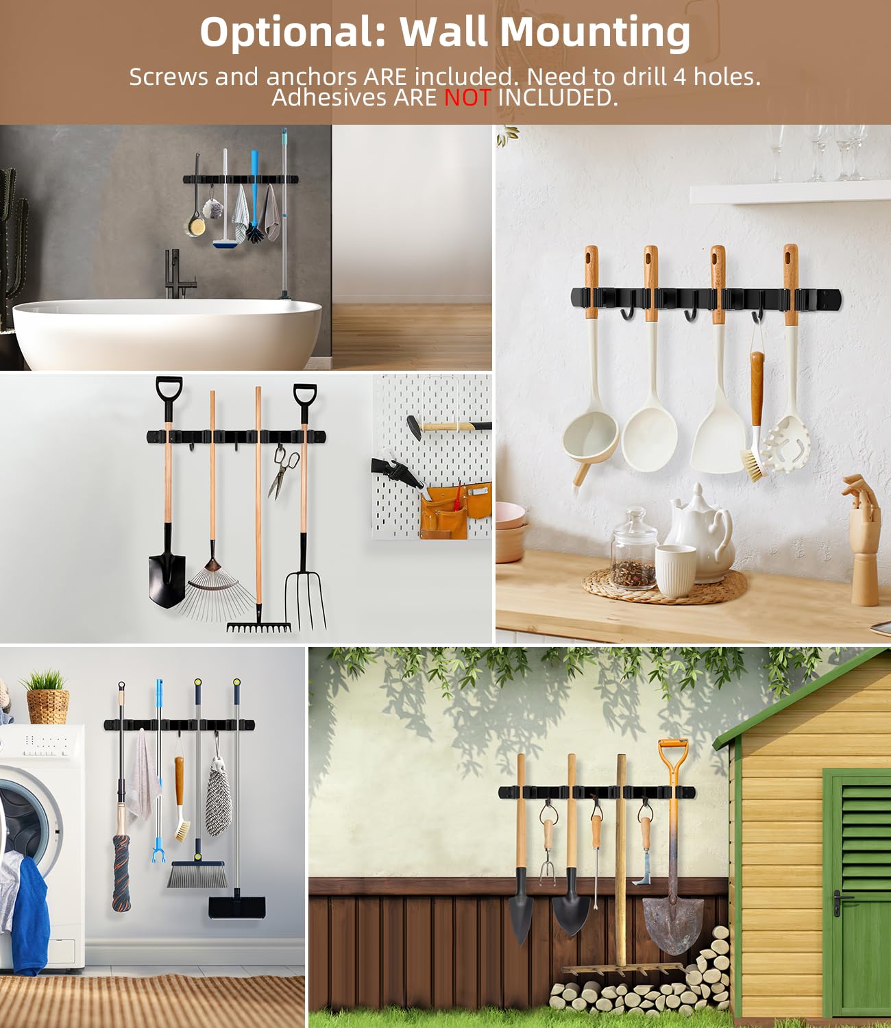 Stainless Steel Broom Holder - Over The Door or Wall Mounted Mop & Broom Hanger with Hooks - Heavy Duty 304 Steel Broom Storage Organizer for Garage, Closet, Laundry Room - Perfect for Cleaning Tools Organization