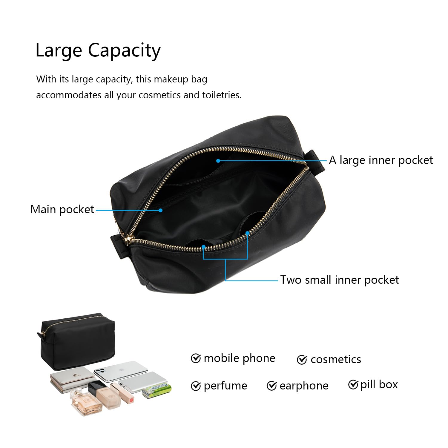 Lightweight Nylon Cosmetic Bag with Ring Clasp - Travel Makeup Organizer for Women, Perfect for Daily Use & Trips