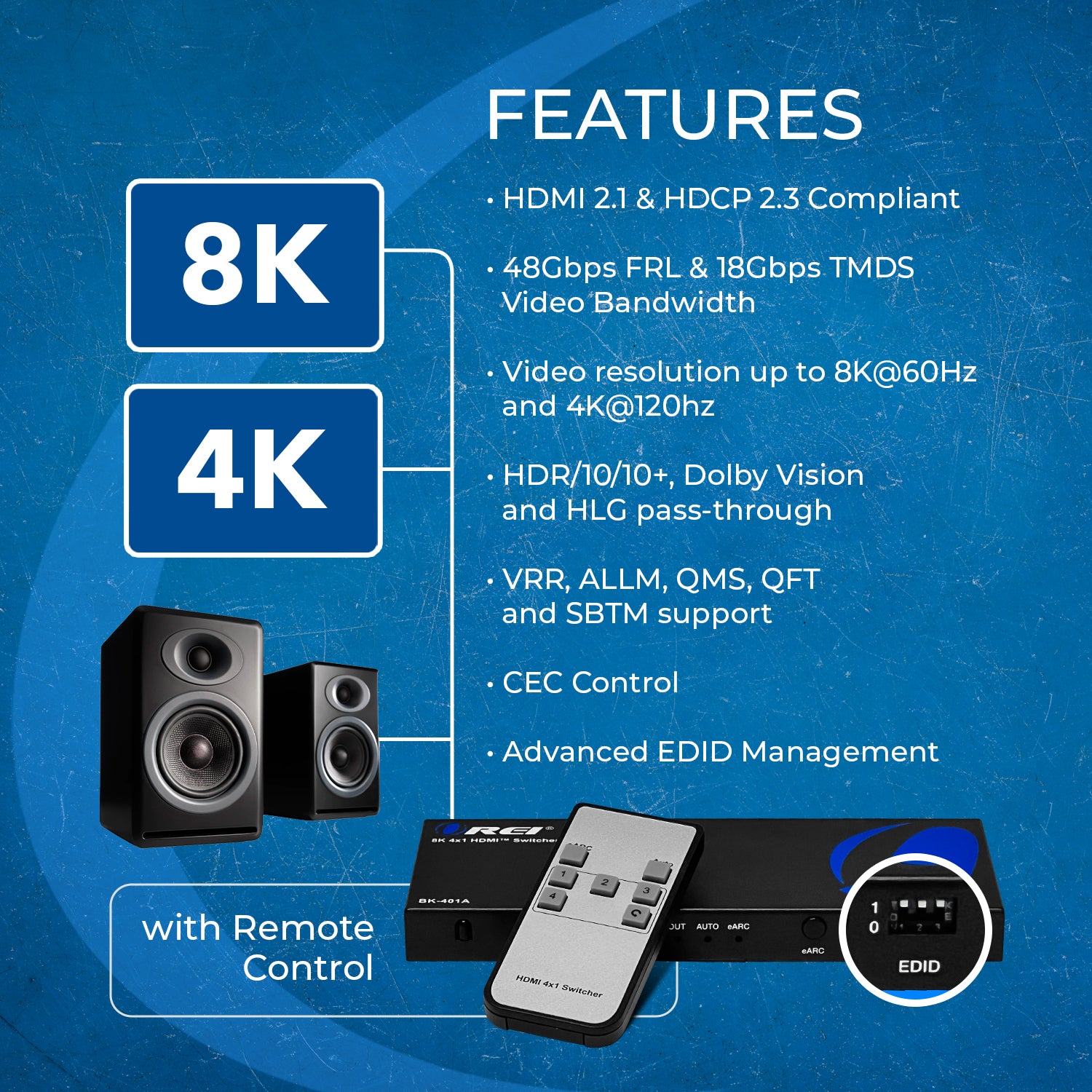8K 4-Port HDMI Switch with eARC & Audio Extraction - Premium 4K 120Hz 8K 60Hz HDMI 2.1 Switcher for Home Theater, Gaming Consoles & 4K/8K TVs - Seamless Multi-Device Switching (Model BK 401ARC)