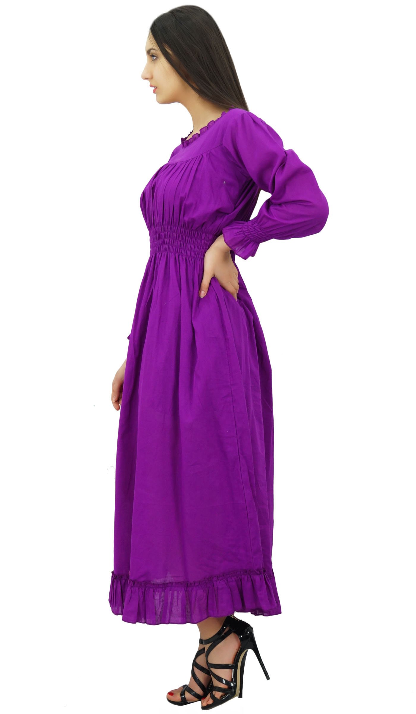 Bimba Women's Cotton Smocked Waist Long Casual Maxi Dress - Flowy Summer Beach Dress for Vacation, Date Night & Boho Outfits