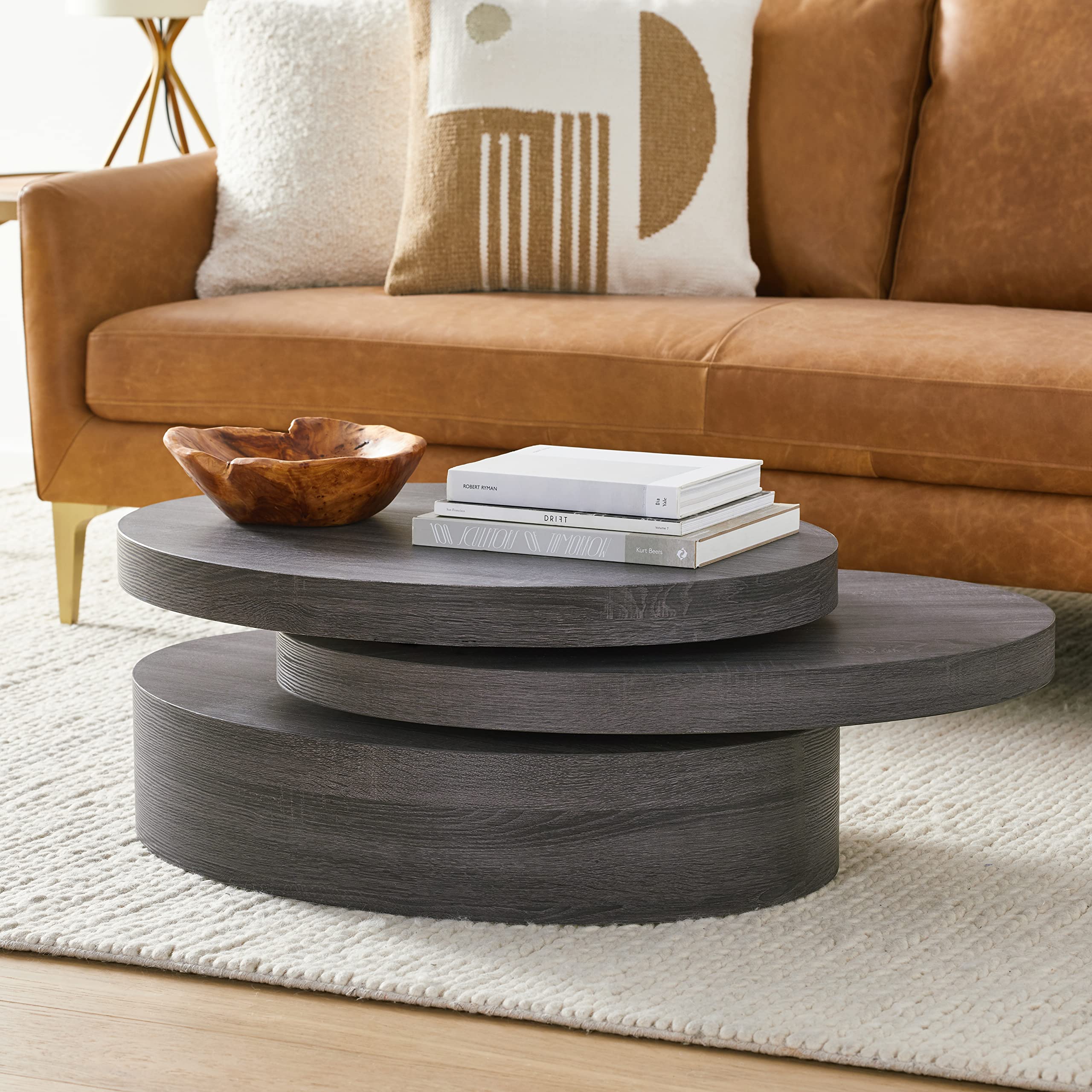 Christopher Knight Home CKH Small Oval Modern Rotating Coffee Table in Black - Perfect for Living Room, Office & Small Spaces