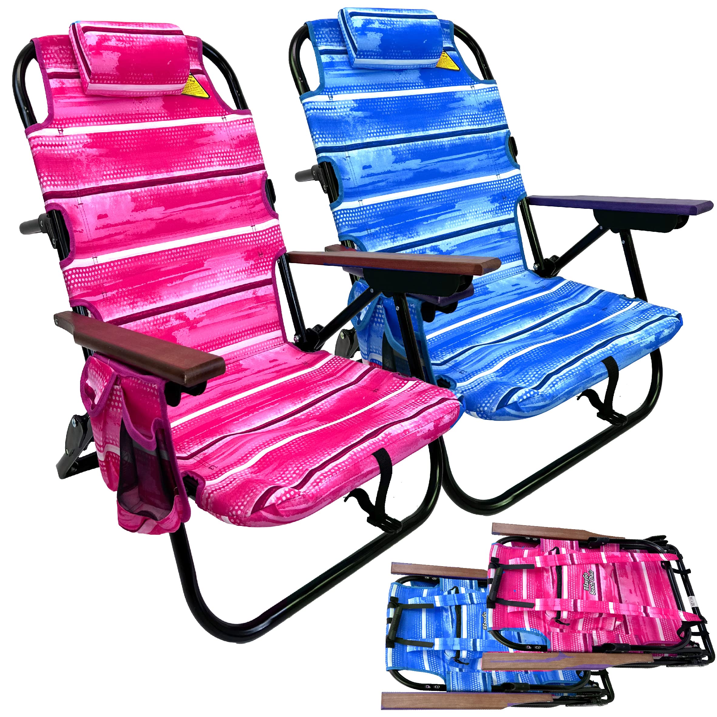 Lightweight Rustproof Aluminum Beach Chair with 5 Reclining Positions - Backpack Design, Side Cup Holder & Storage Pouch, Padded Pillow - Portable Folding Chair for Beach, Camping, Picnics & Outdoor Activities (2 Pack, Pink & Blue)