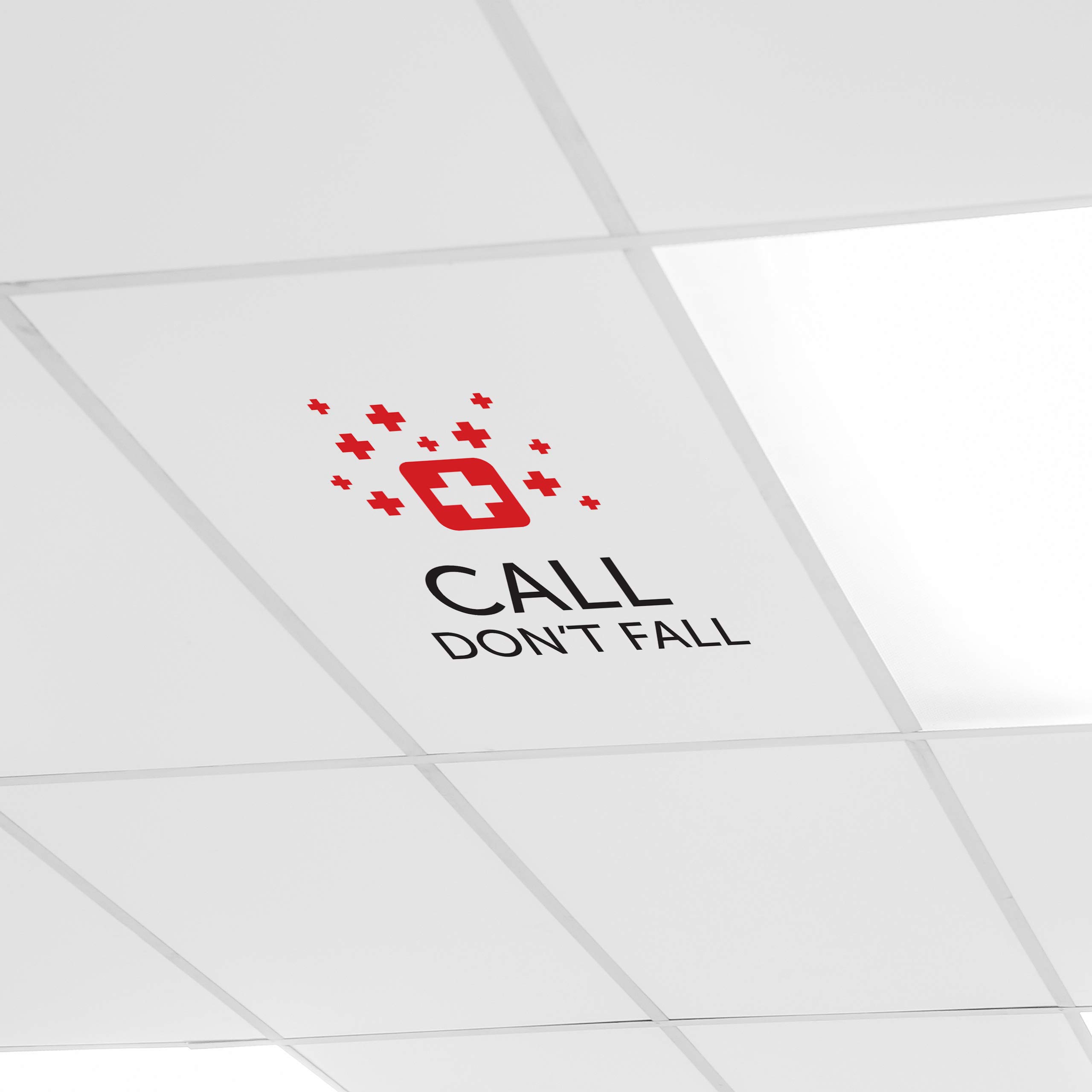 Healthcare Facility Safety Acoustic Ceiling Tile - 'Call Don't Fall' Red Ceiling Scenes for Hospitals & Nursing Homes | Slip & Fall Prevention, Emergency Alert System