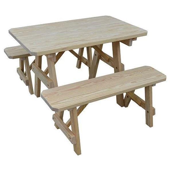 Unfinished Yellow Pine Traditional Dining Table with 2 Benches - Rustic Farmhouse Kitchen & Dining Room Furniture Set for Country Style Homes