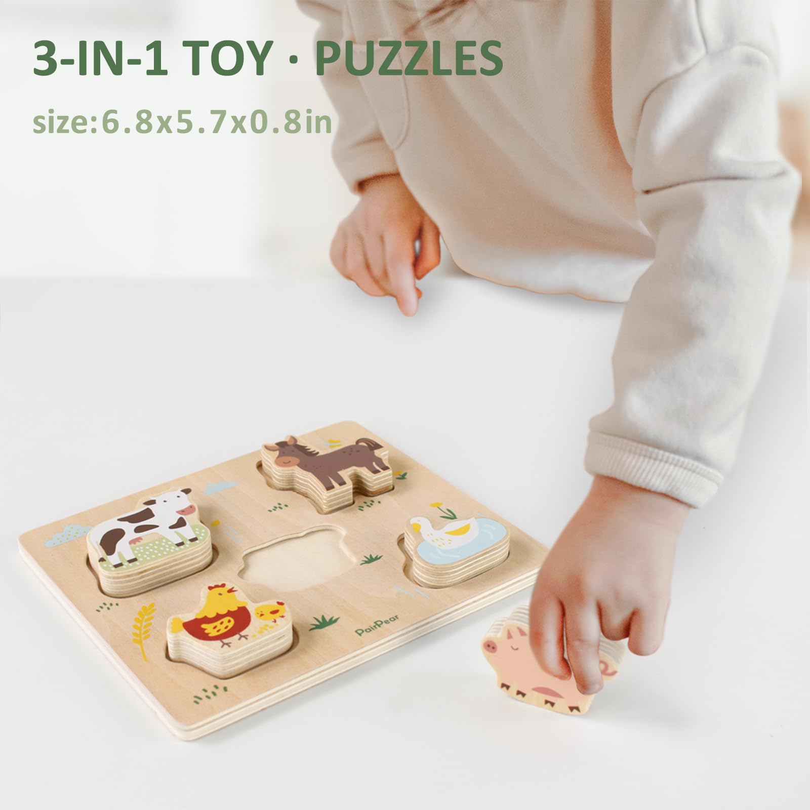PairPear 3-in-1 Wooden Educational Toys Set - Shape Sorter Cubes, Stacking Blocks & Animal Puzzles - Montessori Learning Toys for Toddlers 1+ Years - Perfect Gift for Birthday & Early Childhood Development (Playroom, Preschool, Daycare)