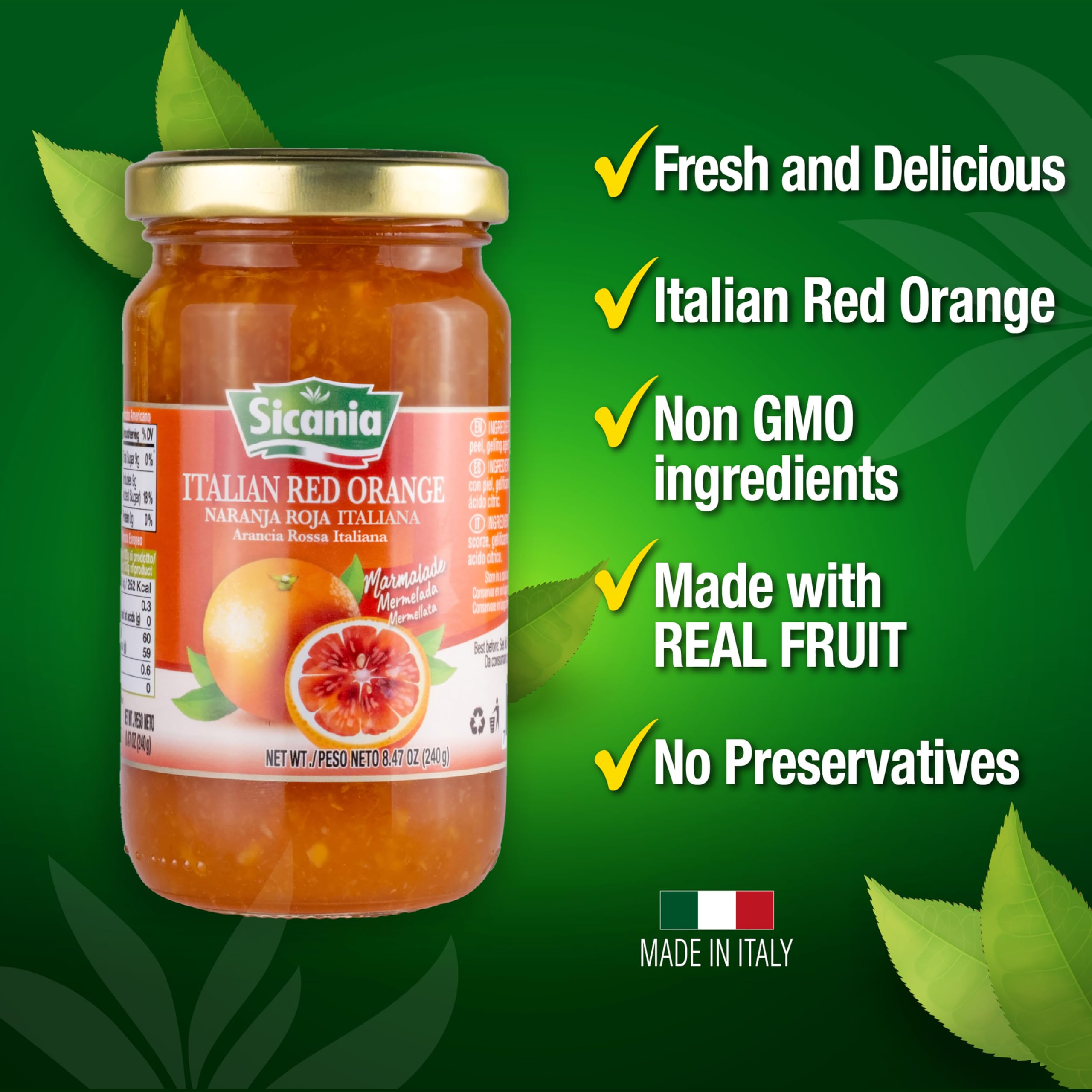 Premium Italian Blood Orange Fruit Preserves 8.47oz - Gluten Free, Non-GMO, No Preservatives, No High Fructose Corn Syrup - 45% Real Fruit Content - Gourmet Jams & Preserves - Perfect for Breakfast Toast, Pastry Fillings & Cheese Pairings