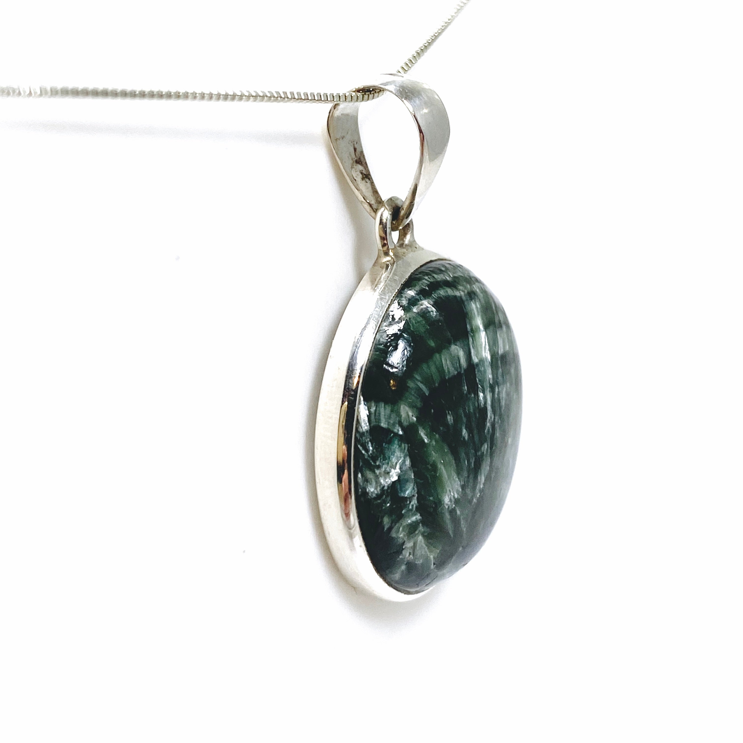 Natural Seraphinite Round Cabochon Pendant Necklace - Handmade Silver Jewelry for Women | Perfect for Meditation, Healing & Spiritual Gifts