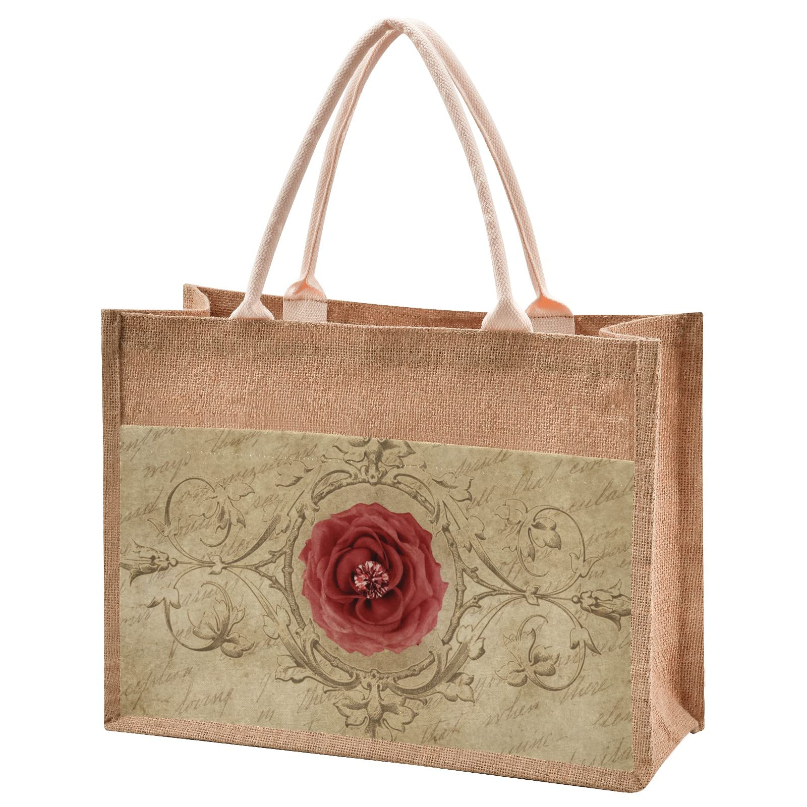 Waterproof Rose Jute Tote Bag - Durable Shopping & Beach Tote for Women